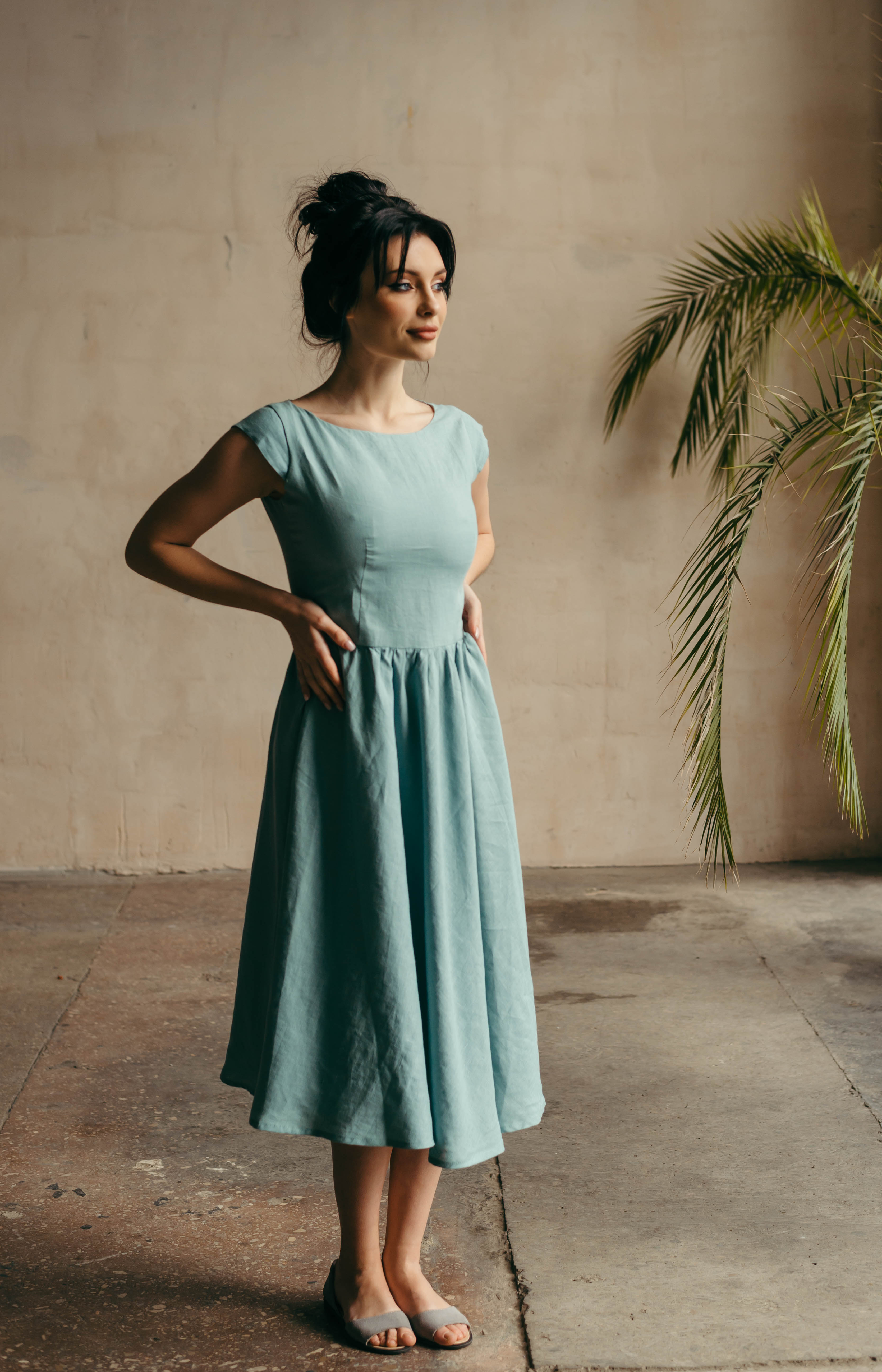 Linen Fit-and-Flare Midi Dress