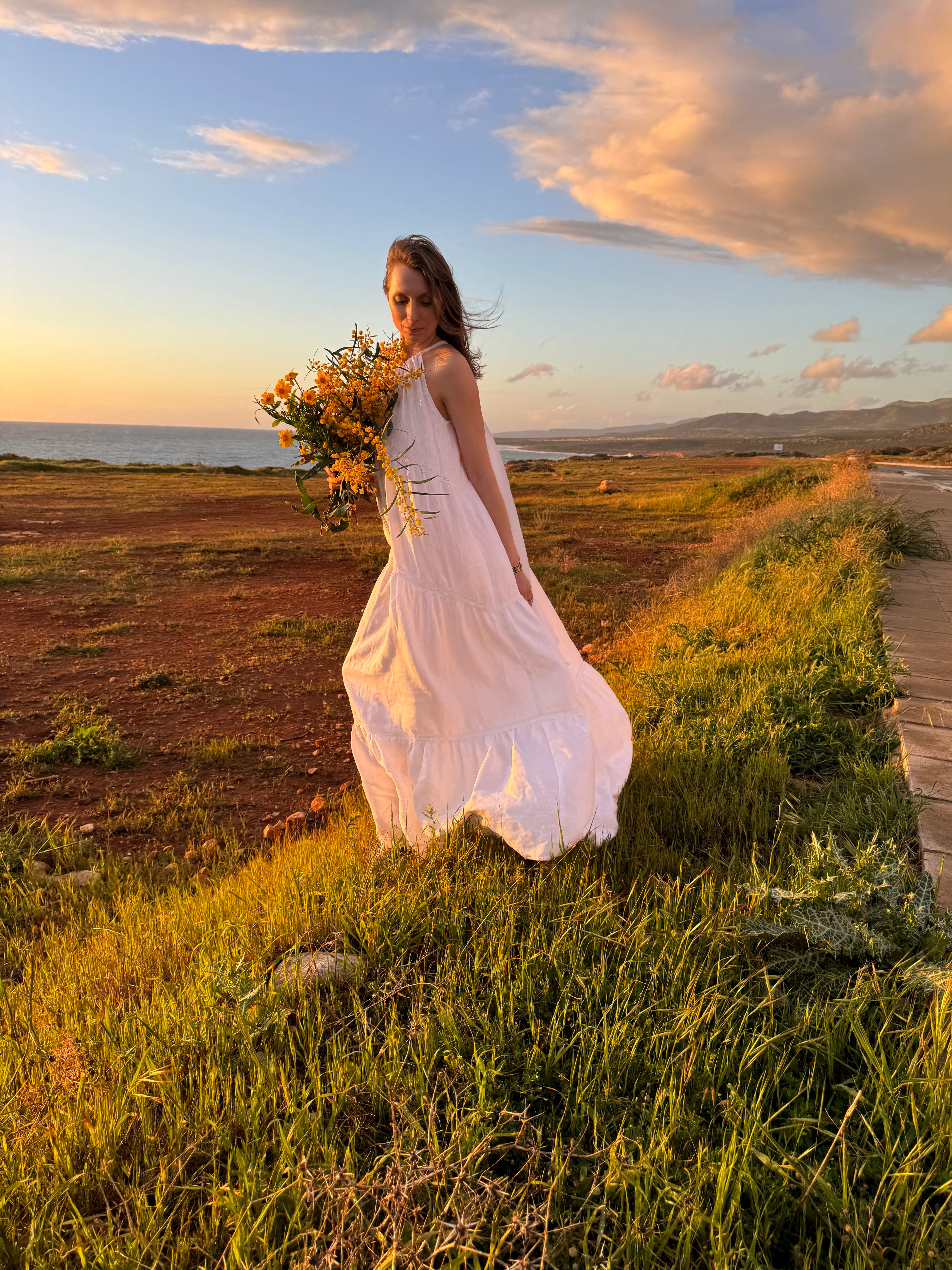 Tiered Linen Wedding Dress with Lace