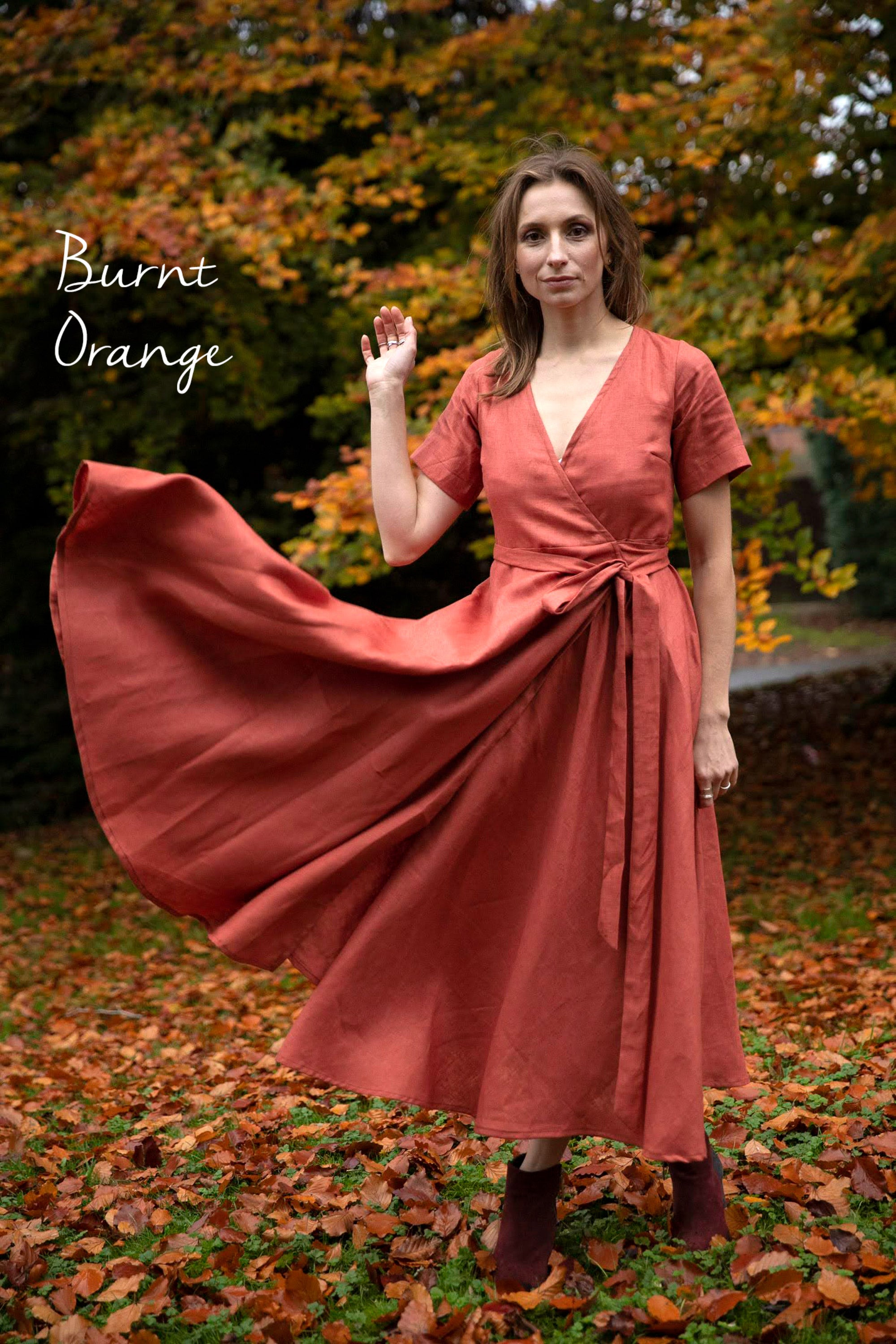 Midi Linen Wrap Dress | Cinnamon