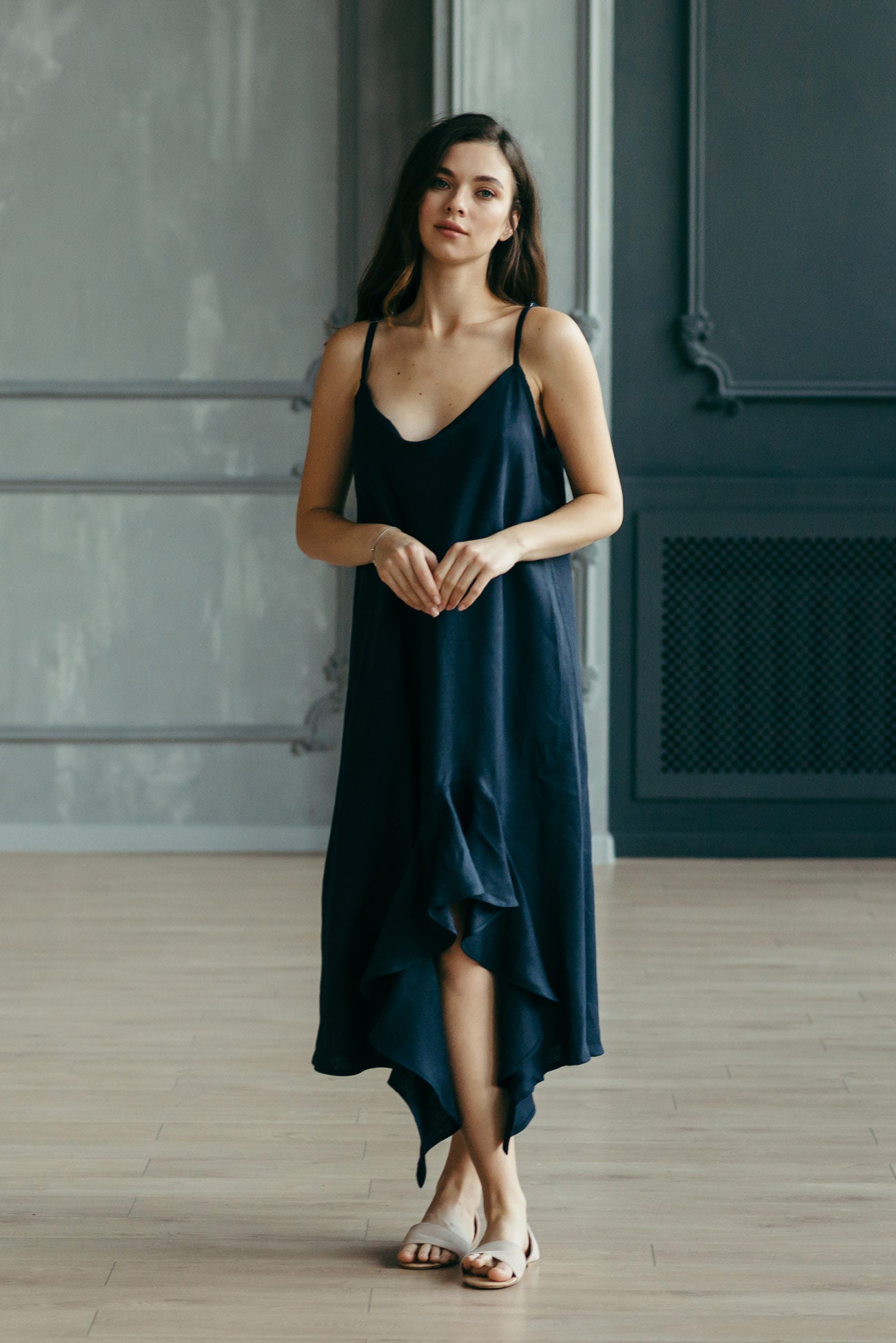 Asymmetric Linen Slip Dress