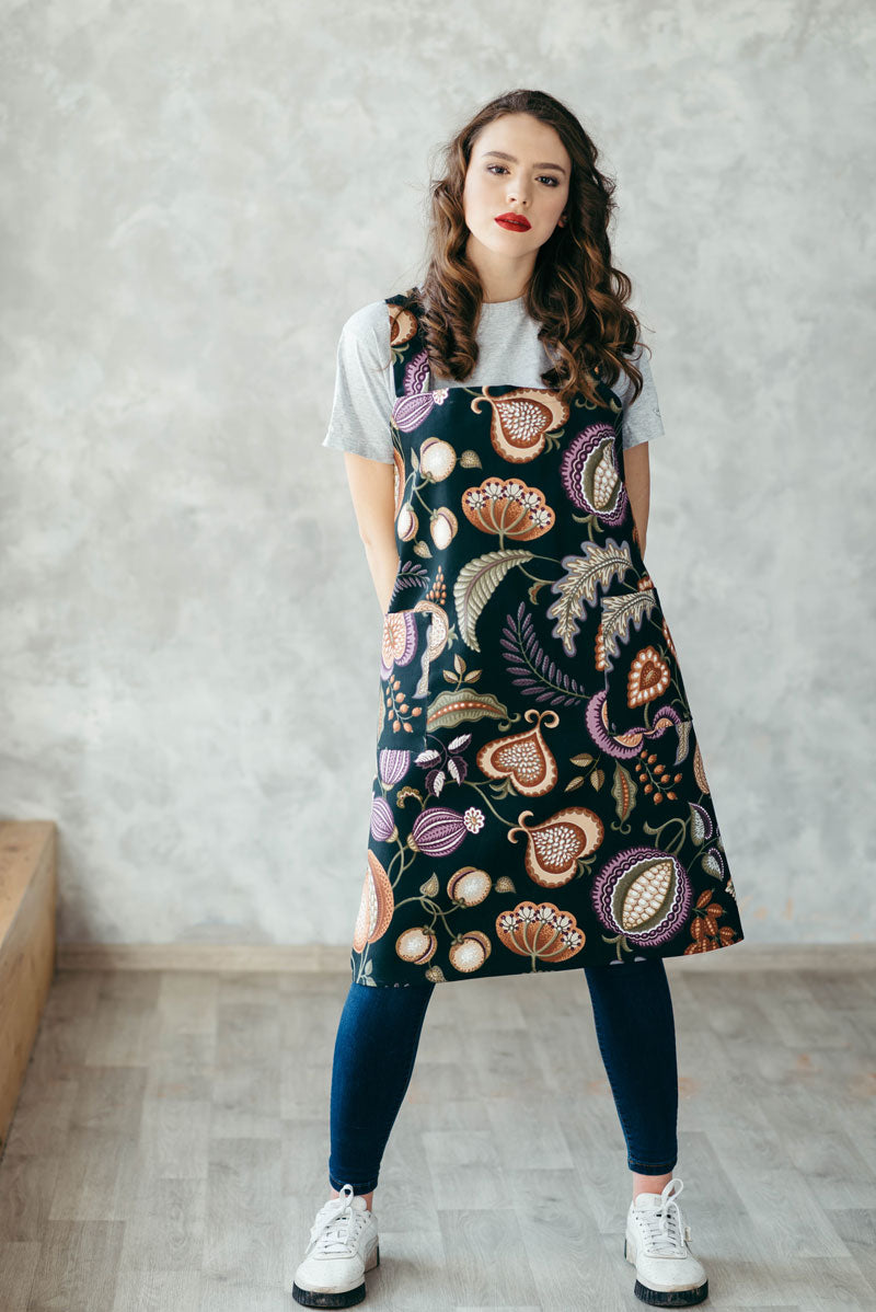 Printed Cotton Pinafore Apron | Herb Pots