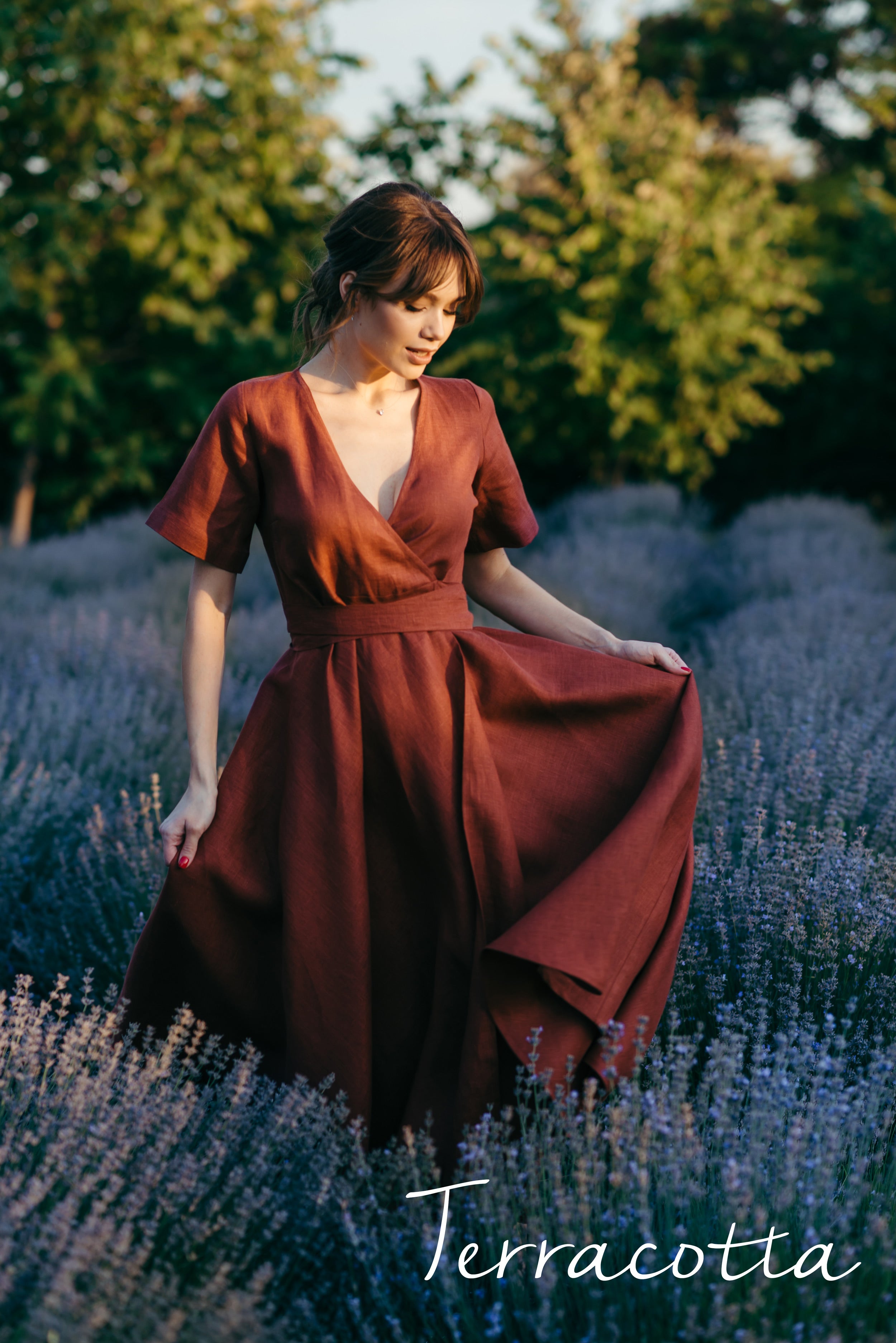 Midi Linen Wrap Dress | Cinnamon