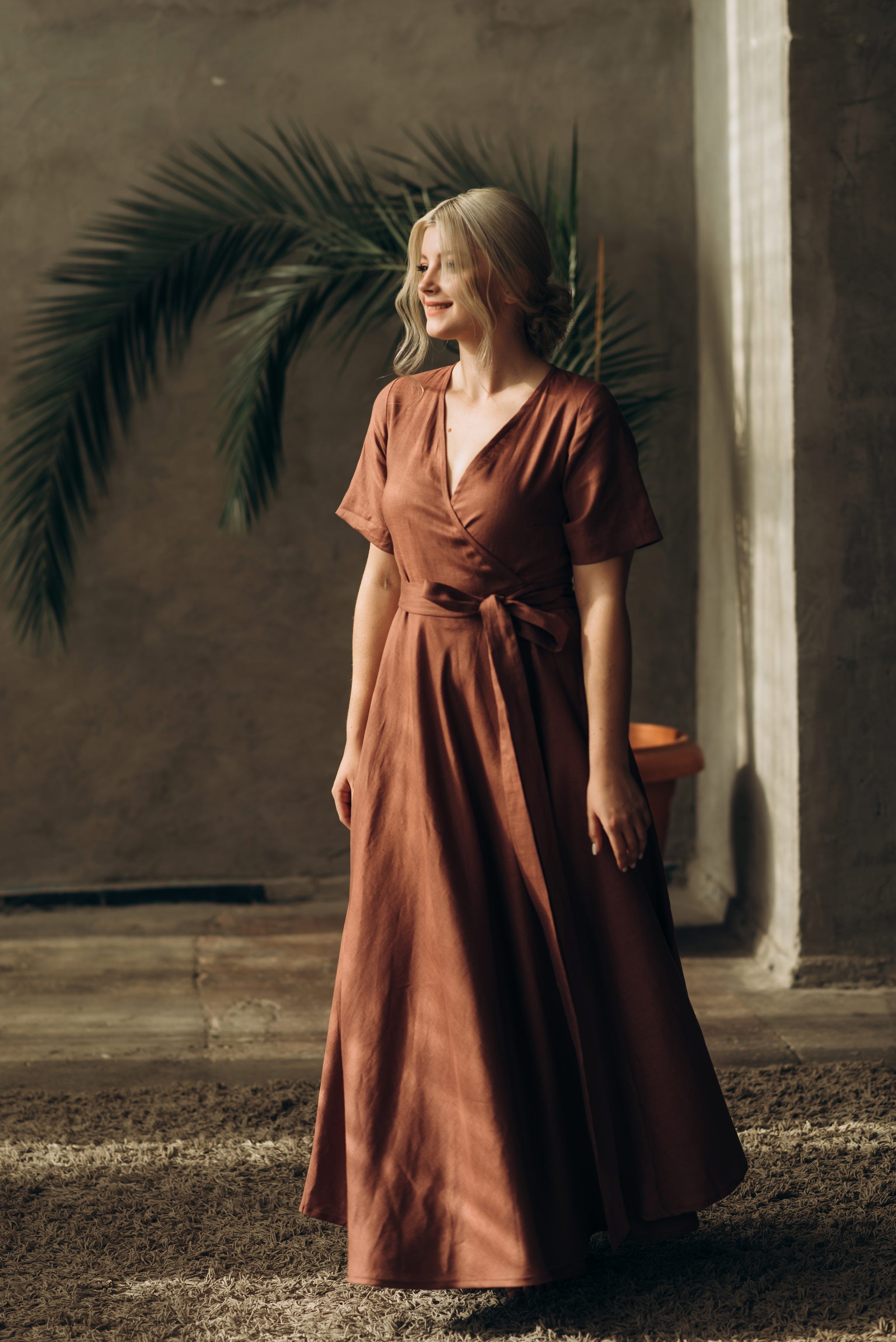 Midi Linen Wrap Dress | Cinnamon