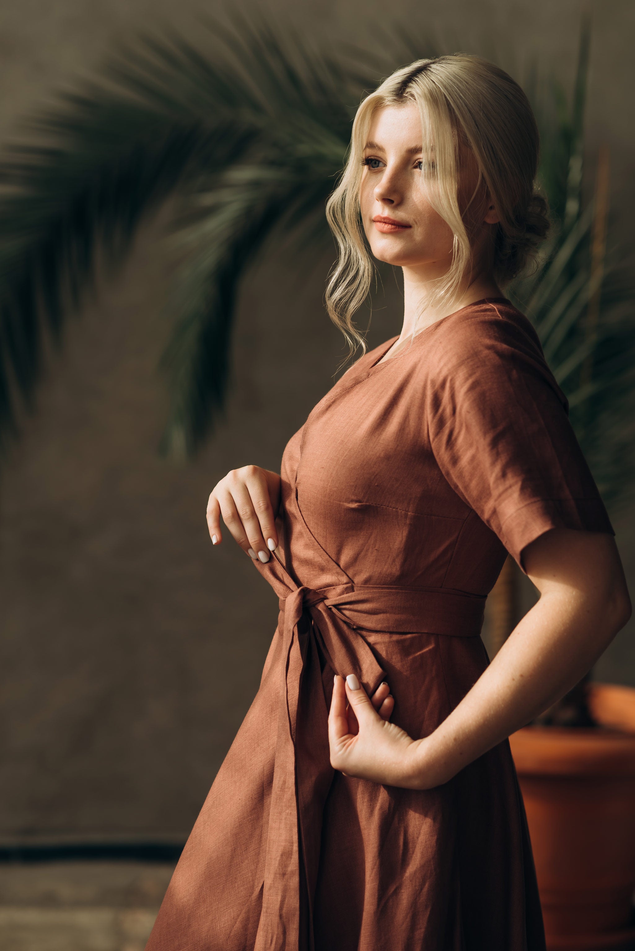 Midi Linen Wrap Dress | Cinnamon