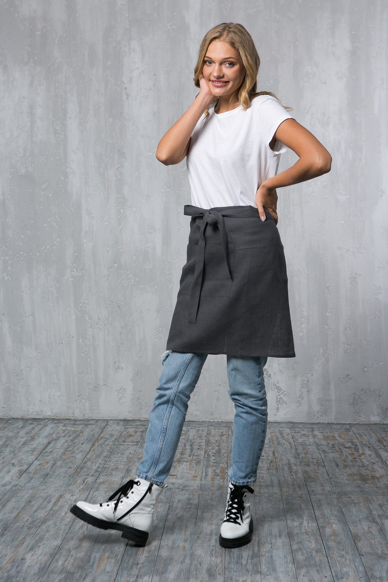 Natural Linen Half Apron with Pockets