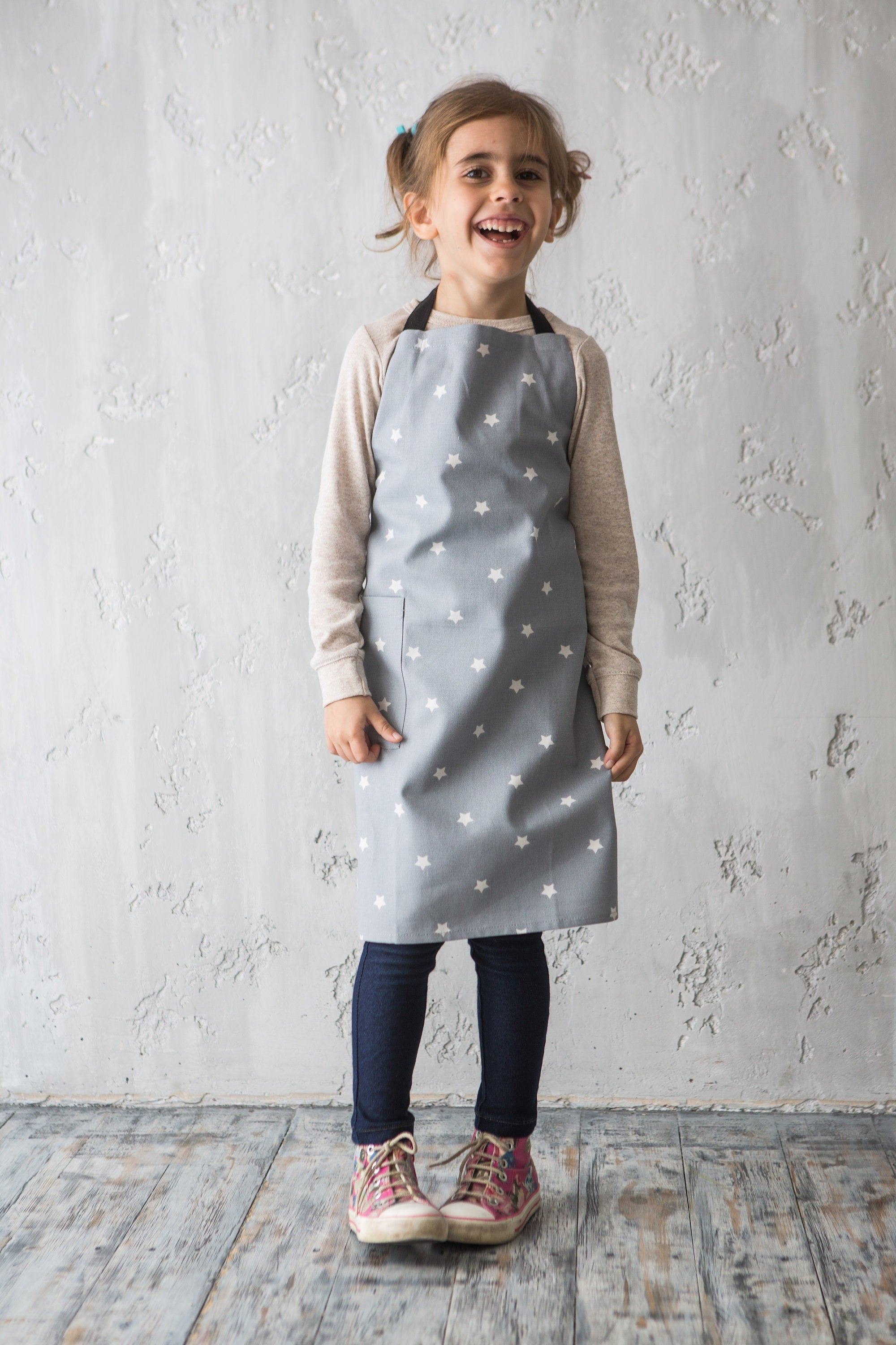 Matching Cotton Aprons | Grey Canvas Star Aprons for Kids