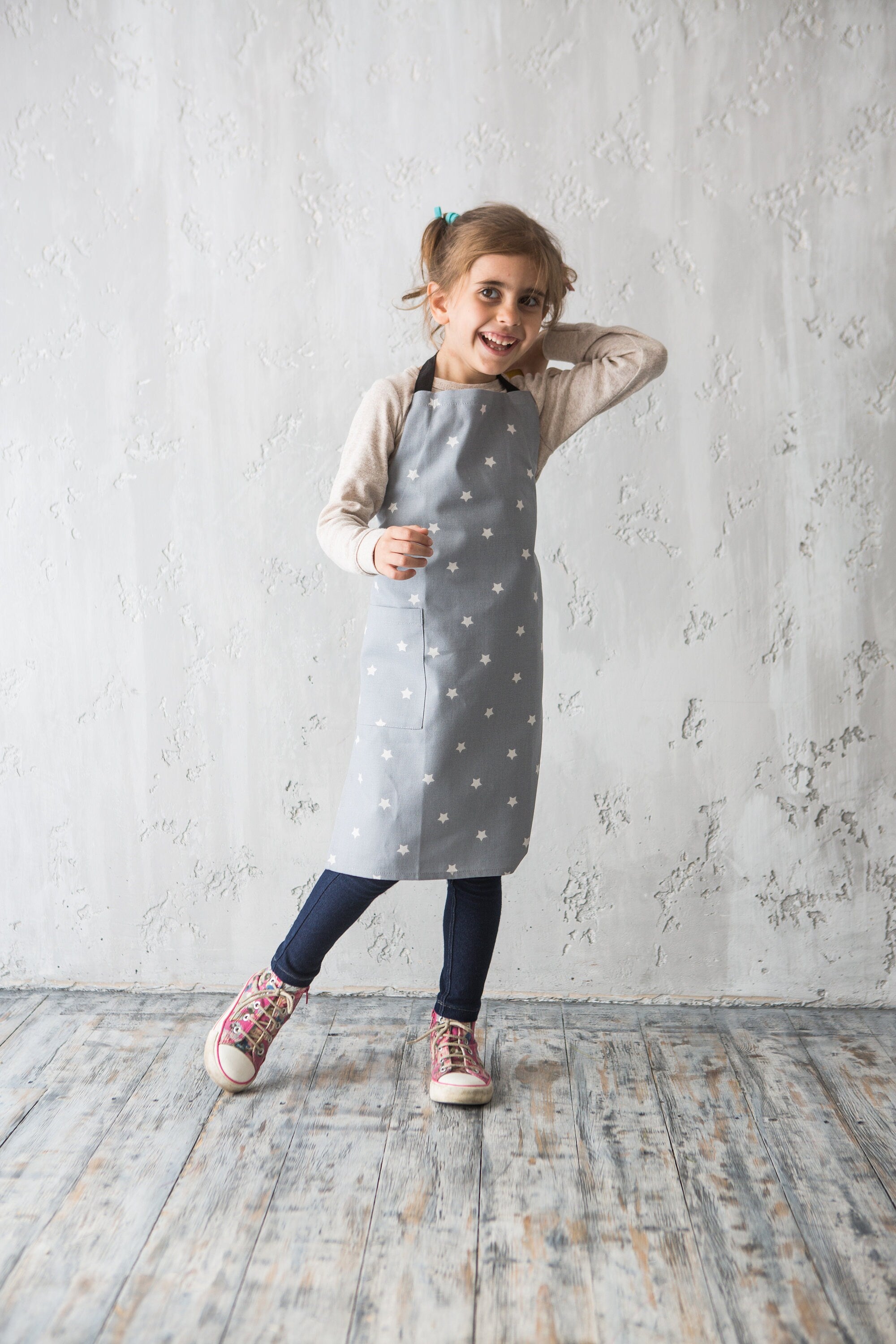 Matching Cotton Aprons | Grey Canvas Star Aprons for Kids