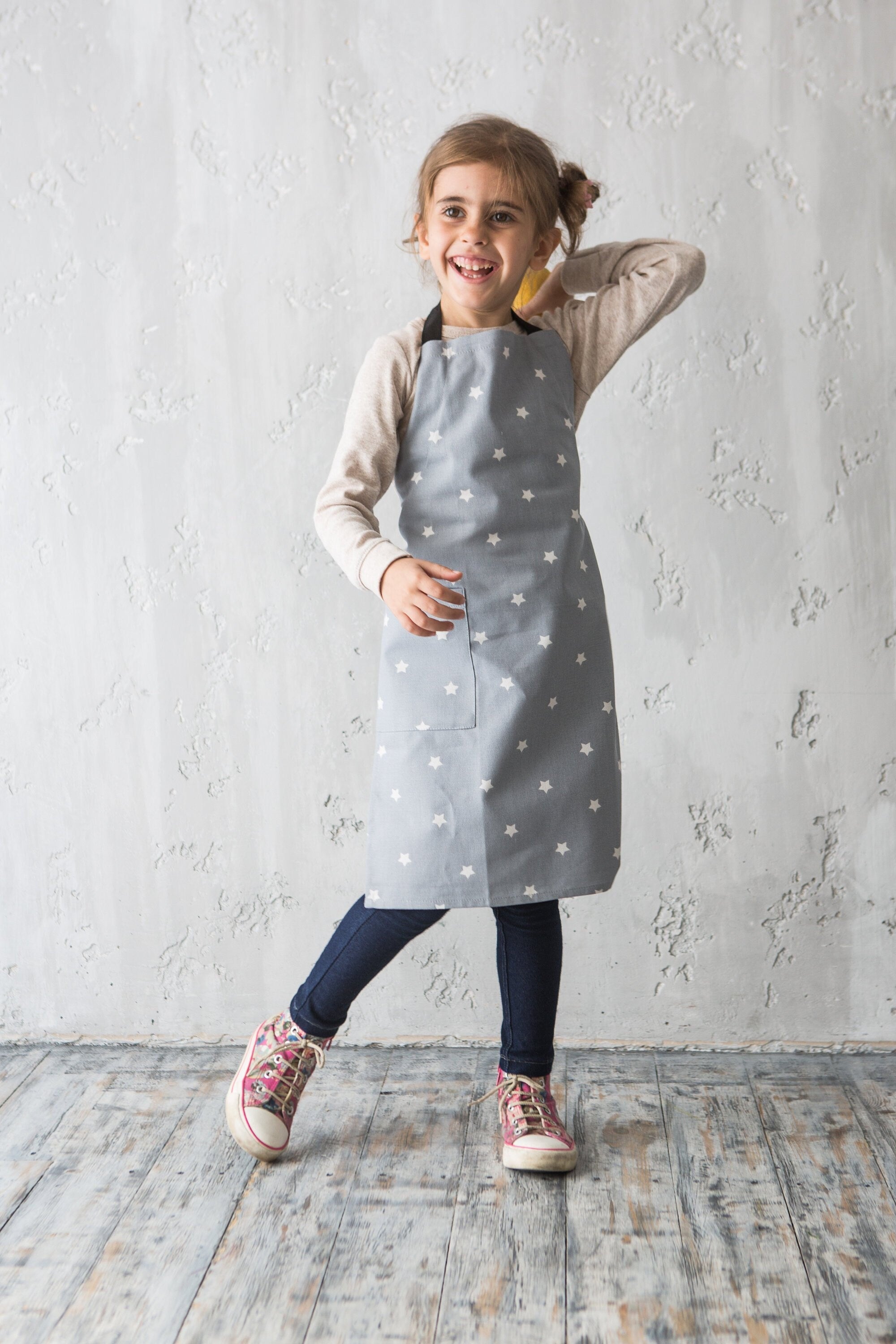 Matching Cotton Aprons | Grey Canvas Star Aprons for Kids