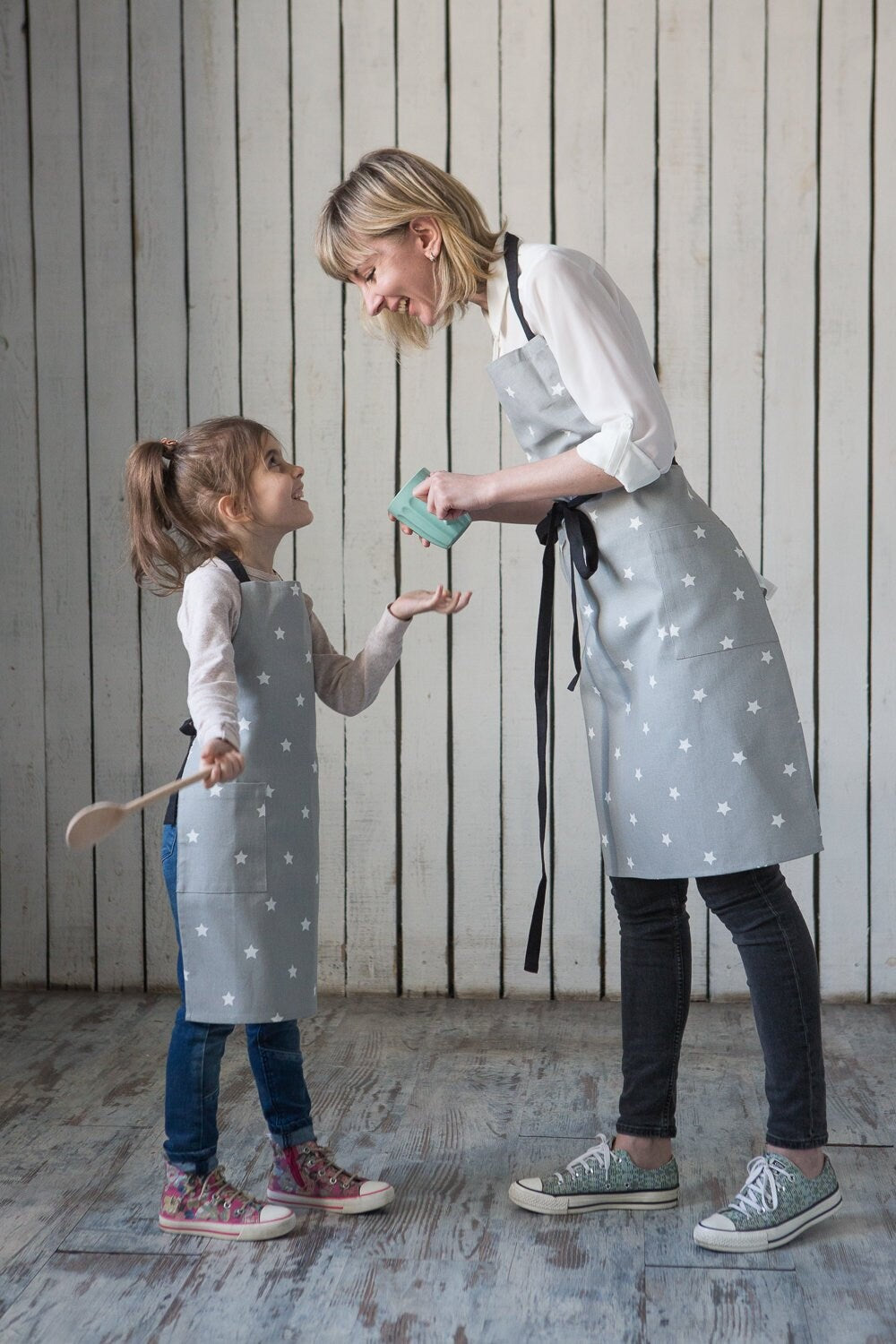 Matching Cotton Aprons | Grey Canvas Star Aprons for Kids