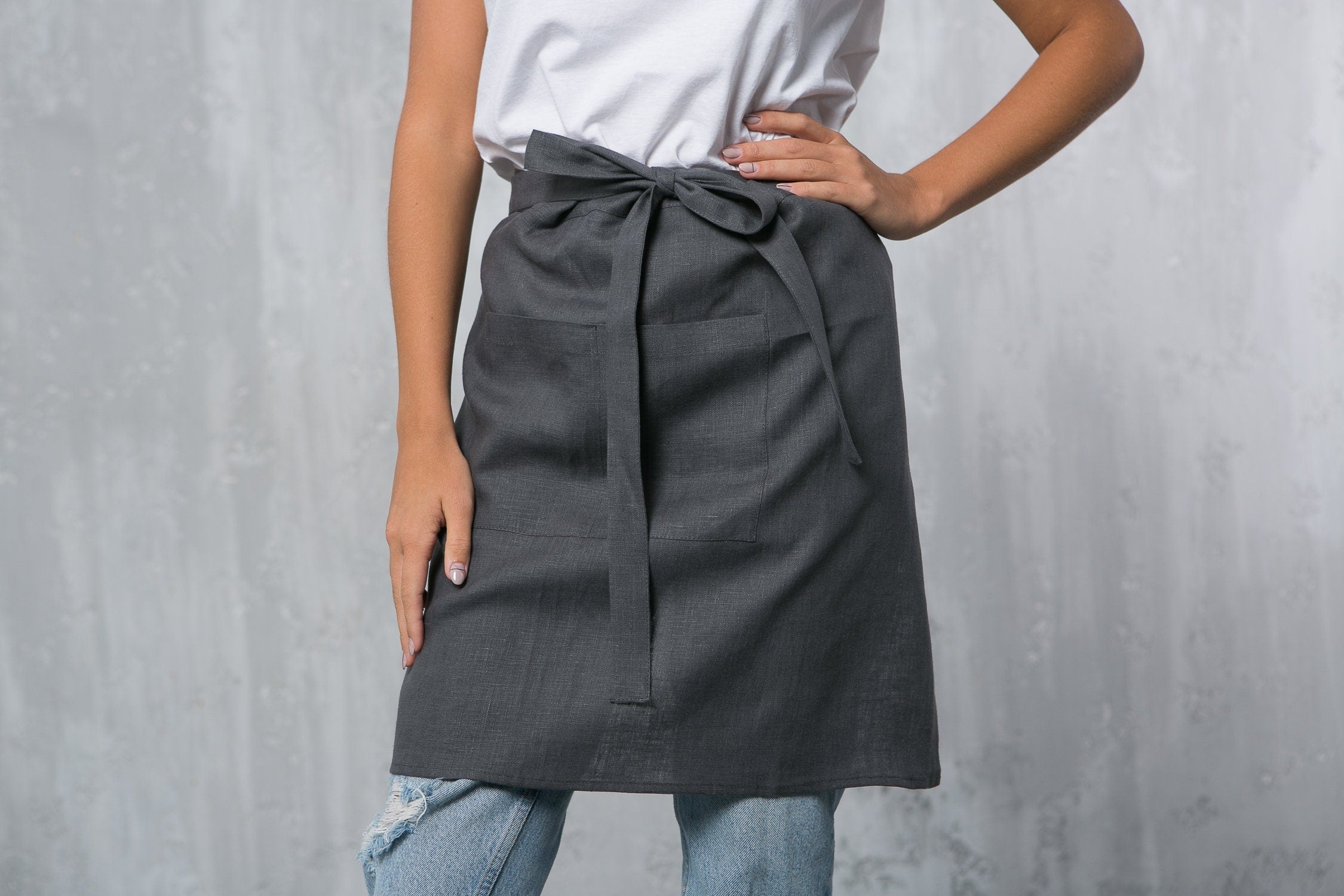 Natural Linen Half Apron with Pockets