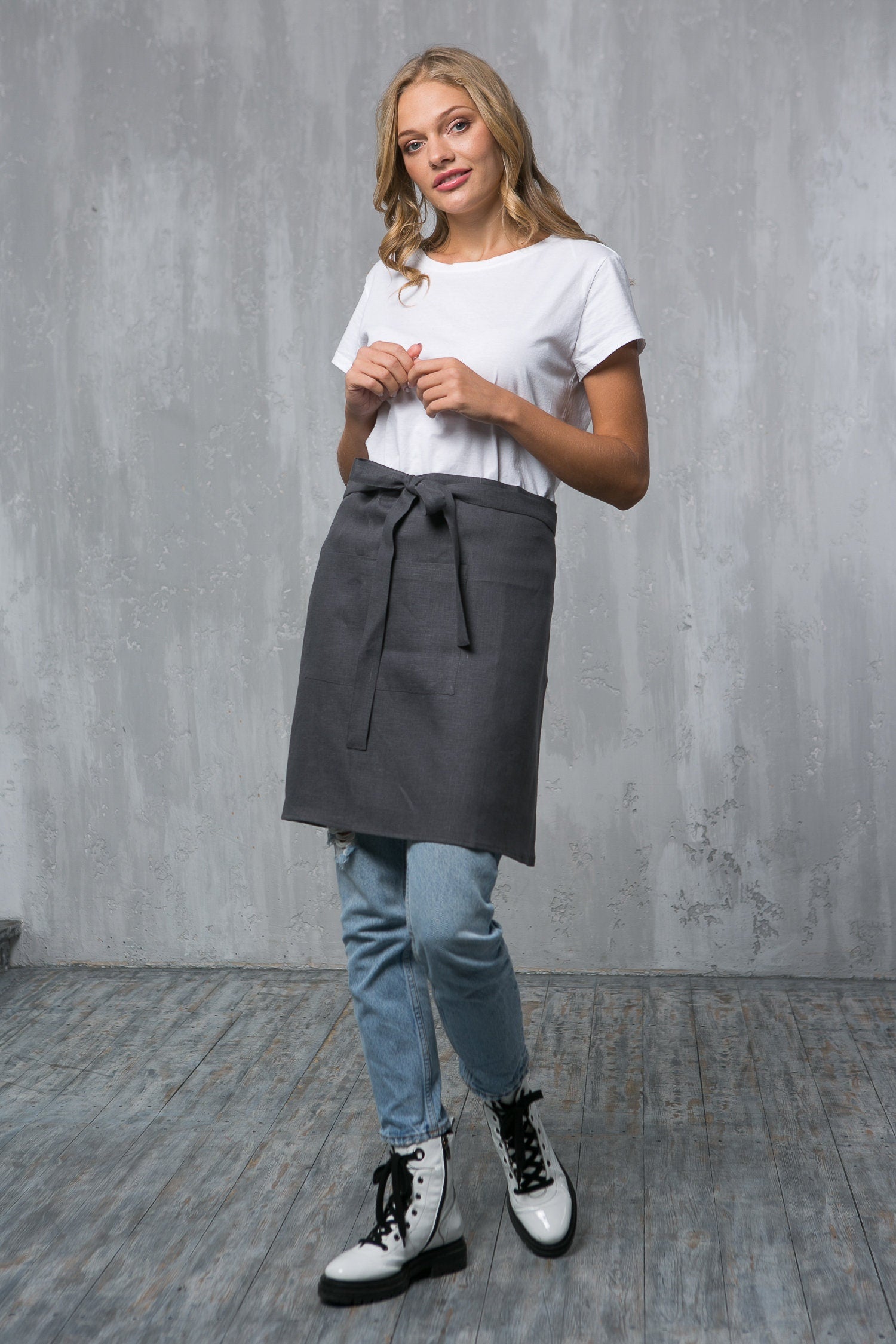 Natural Linen Half Apron with Pockets