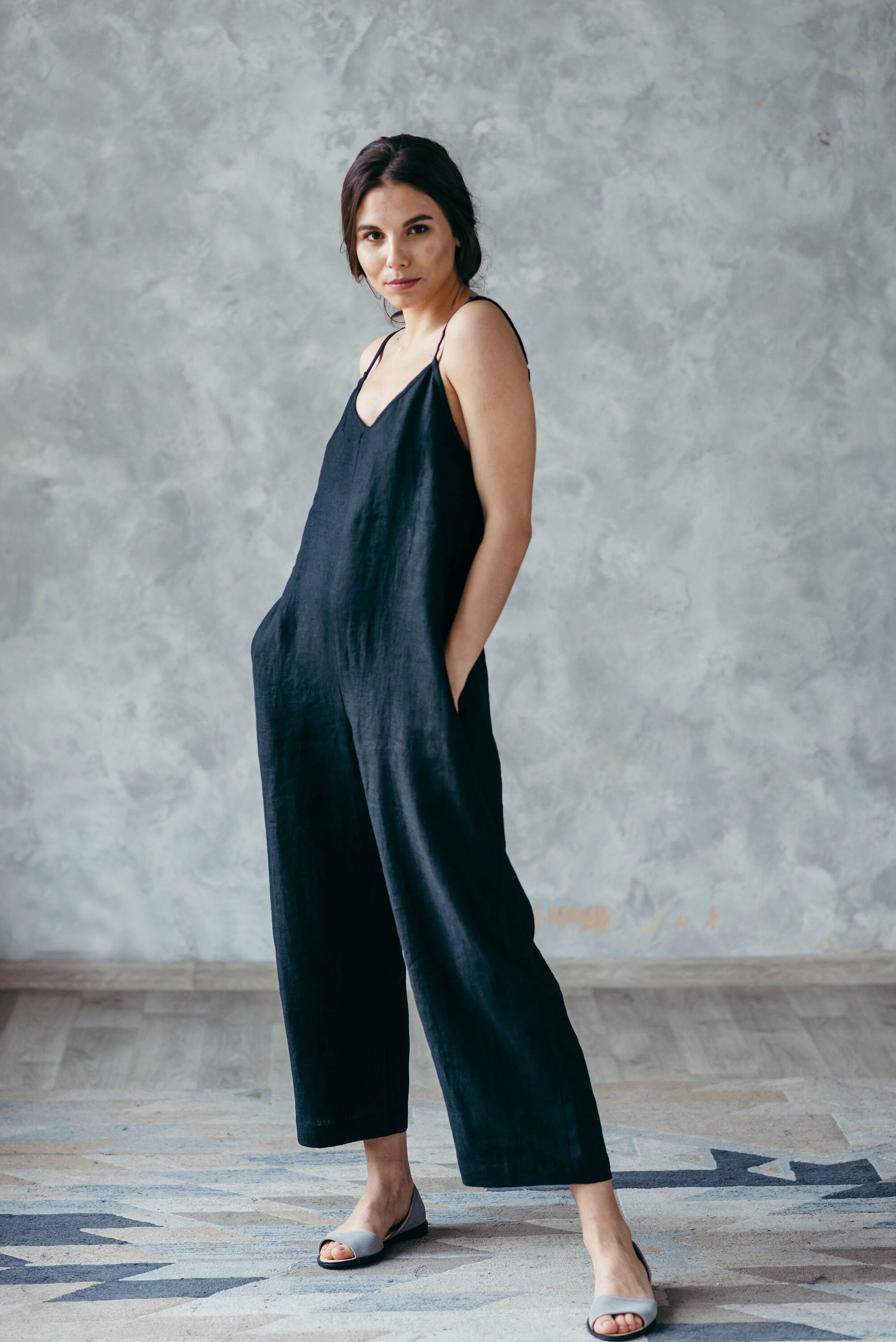 Wide Leg Linen Jumpsuit | Black