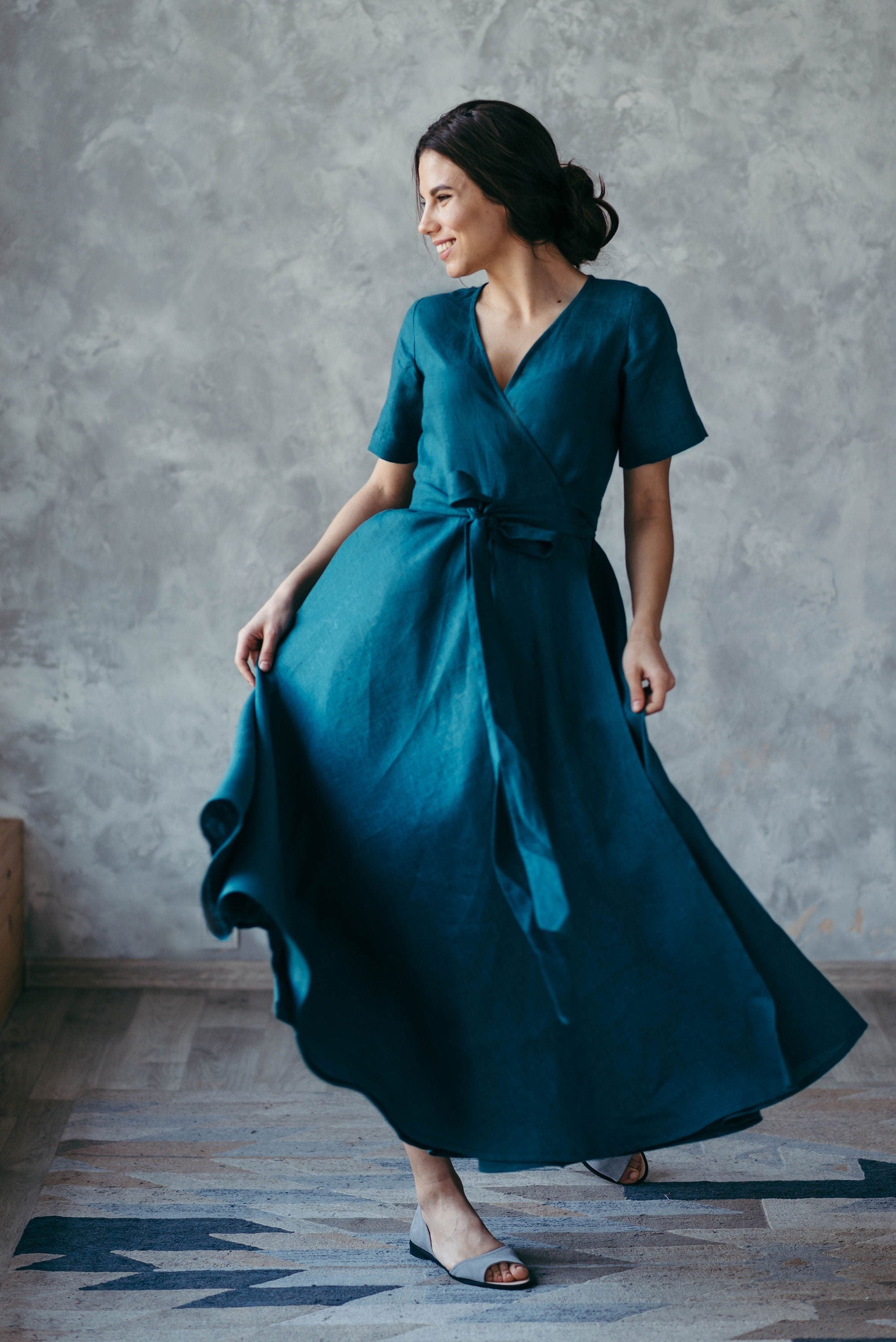 Linen Wrap Dress | Teal