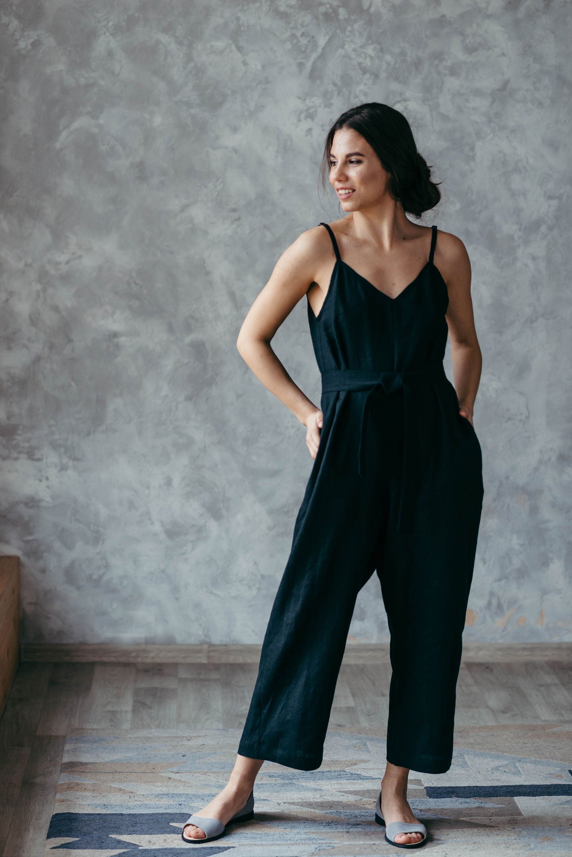 Wide Leg Linen Jumpsuit | Black