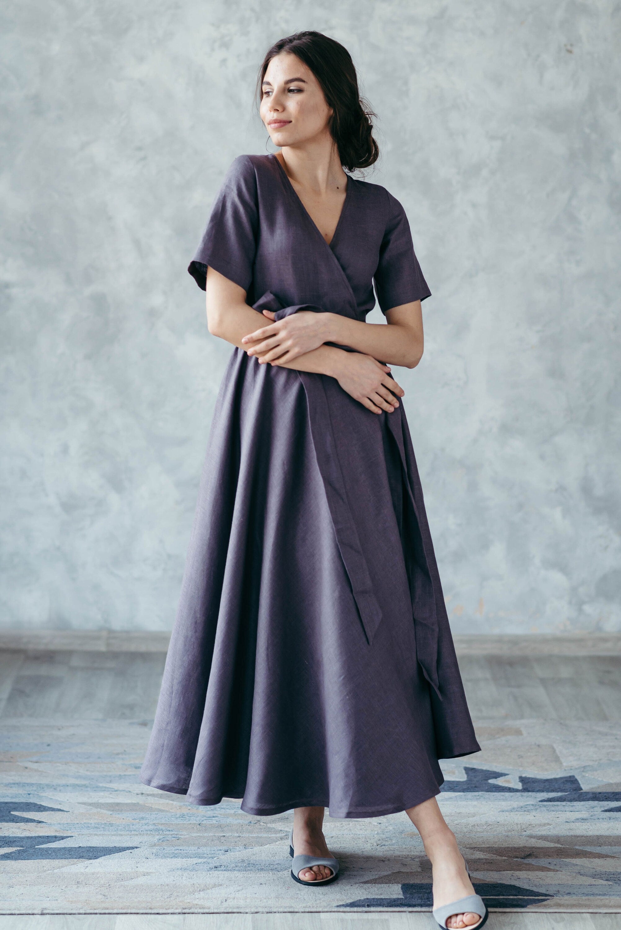 Midi Linen Wrap Dress | Cinnamon
