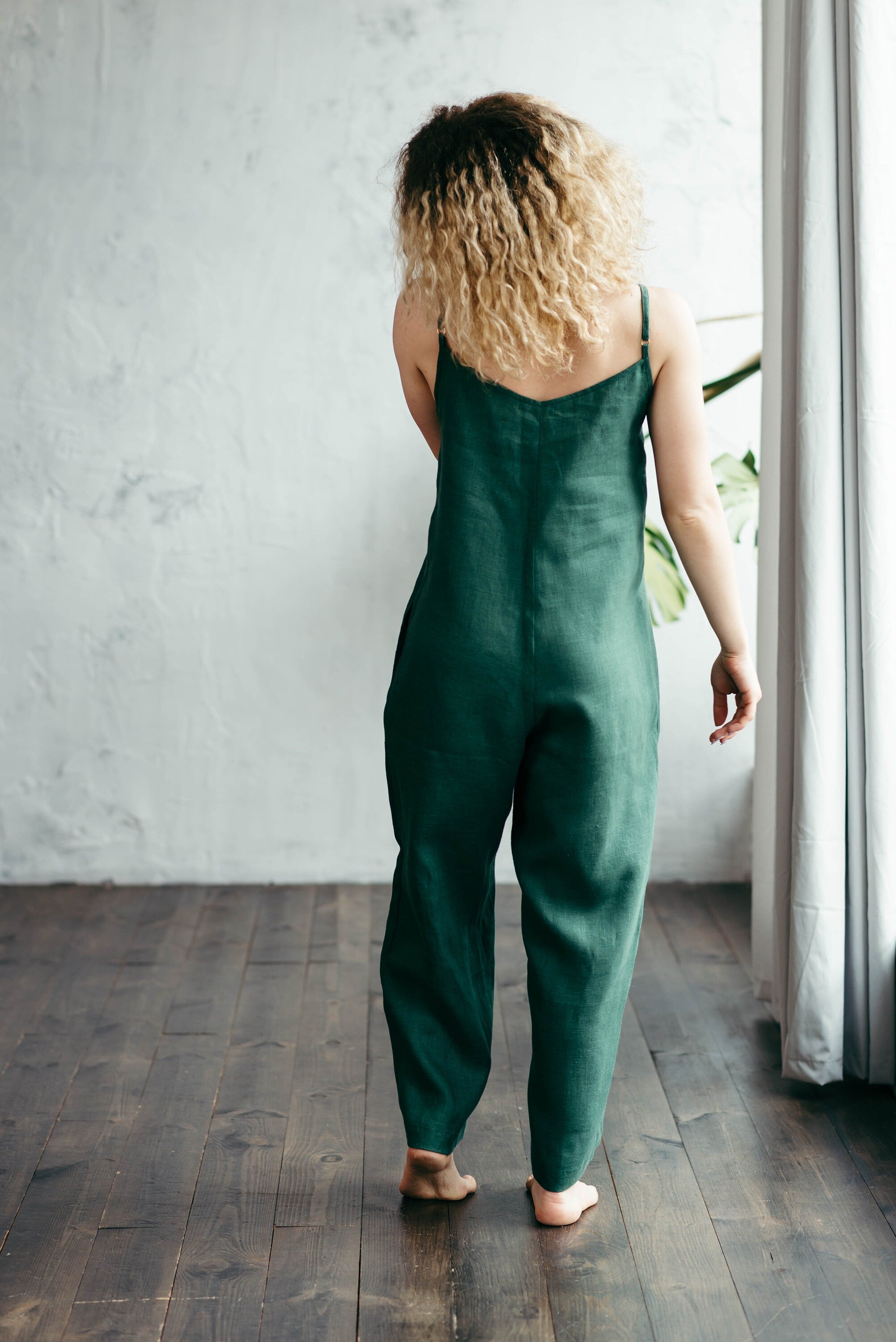 Natural Linen Jumpsuit | Green Forest