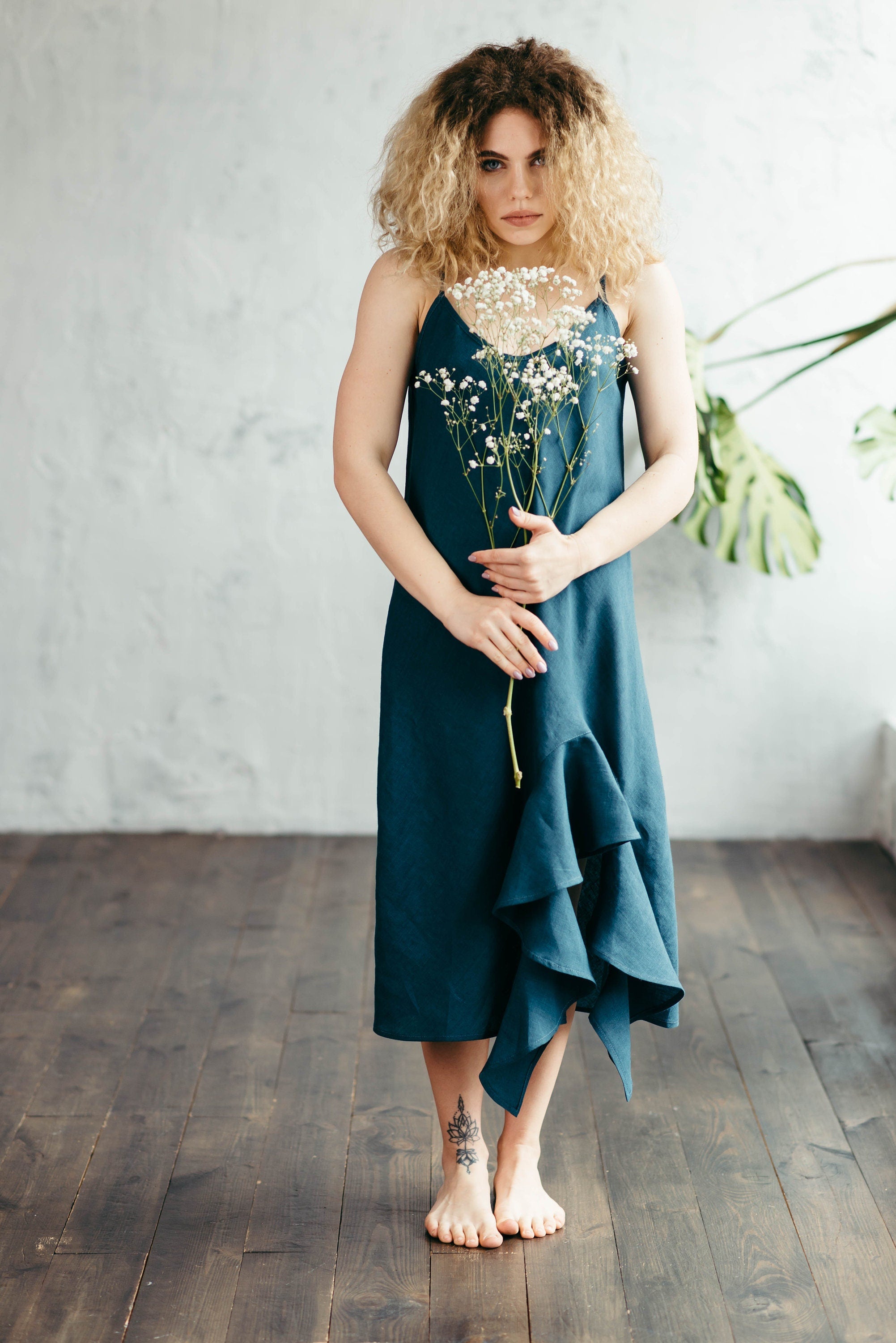 Asymmetric Linen Slip Dress
