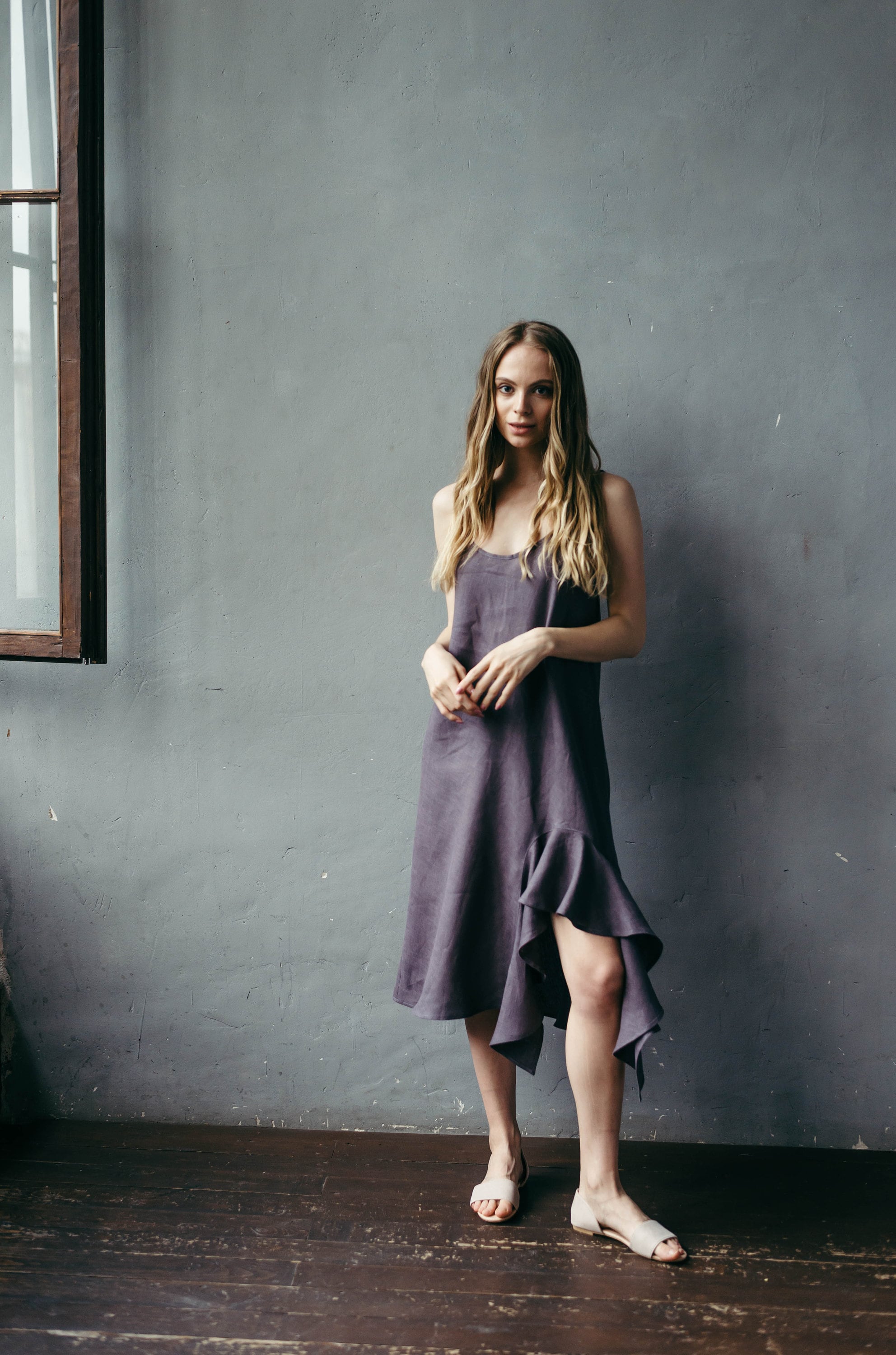 Asymmetric Linen Slip Dress