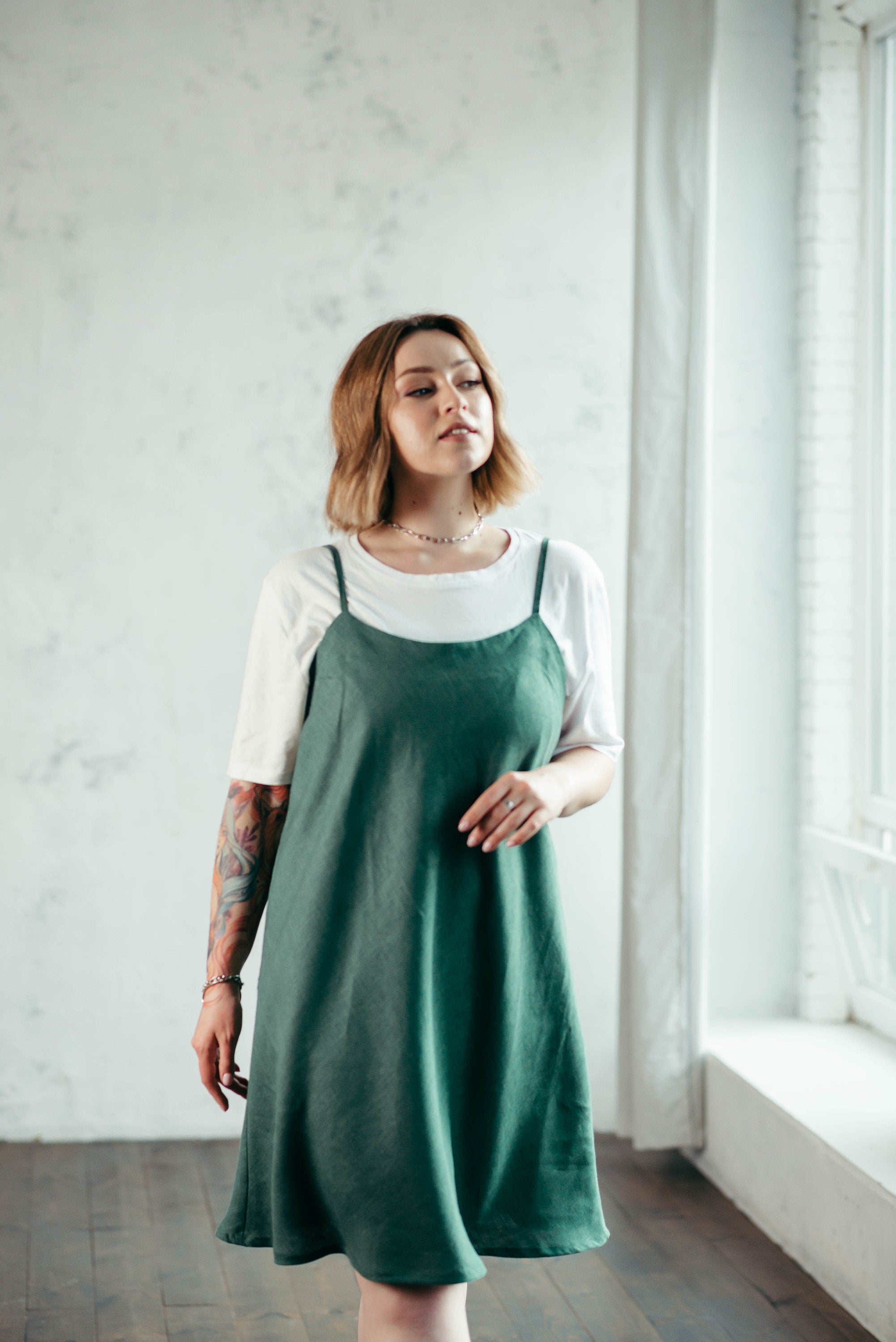 Green Linen Slip Dress