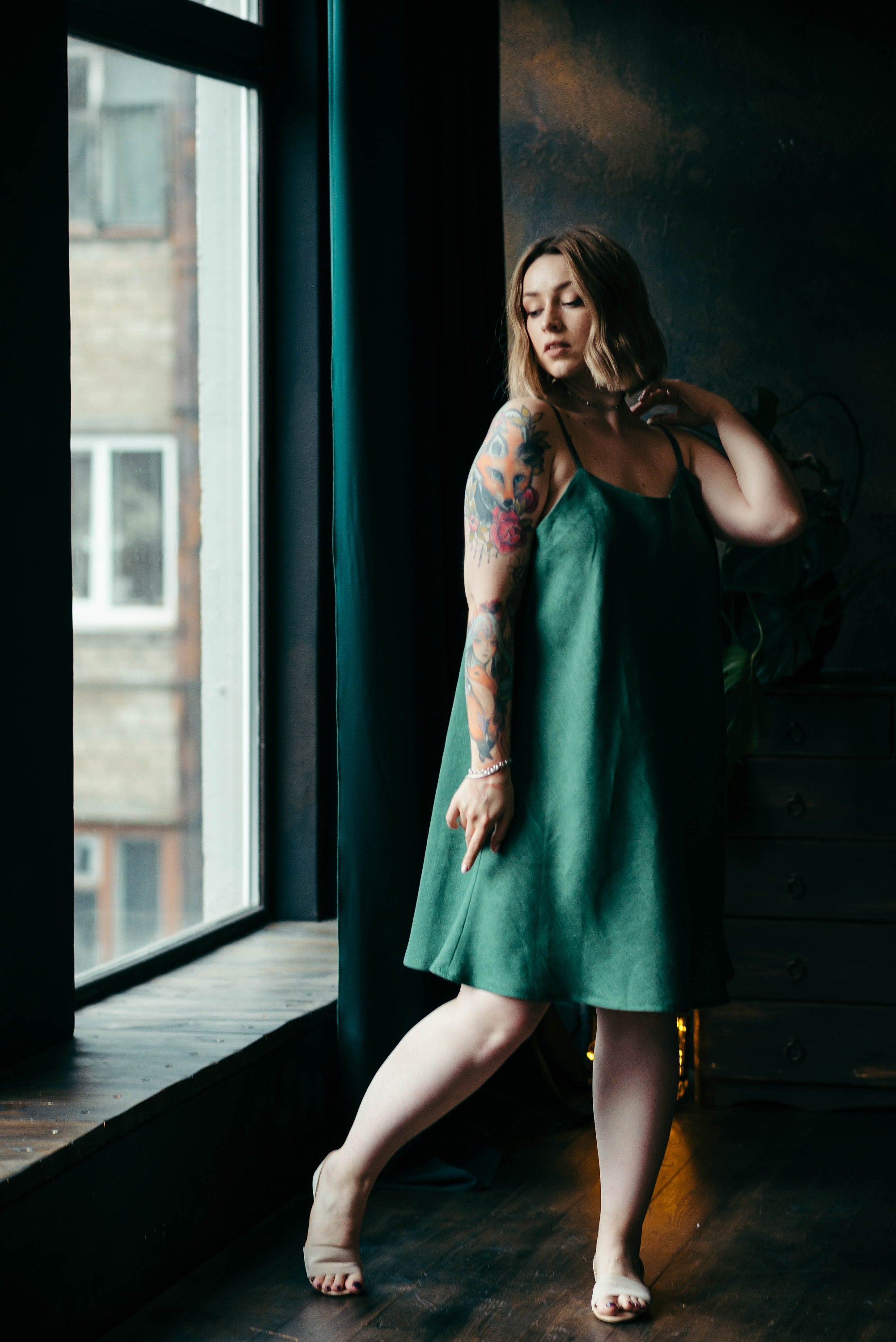 Green Linen Slip Dress