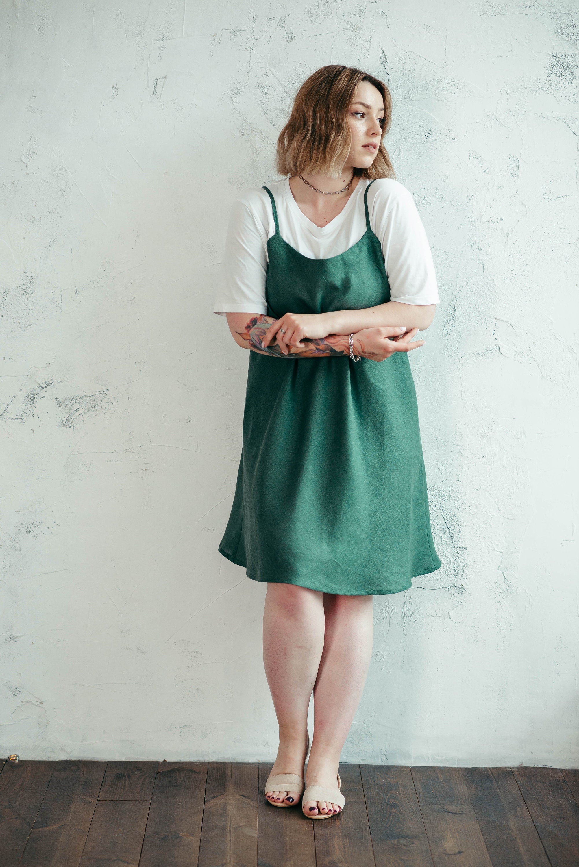 Green Linen Slip Dress