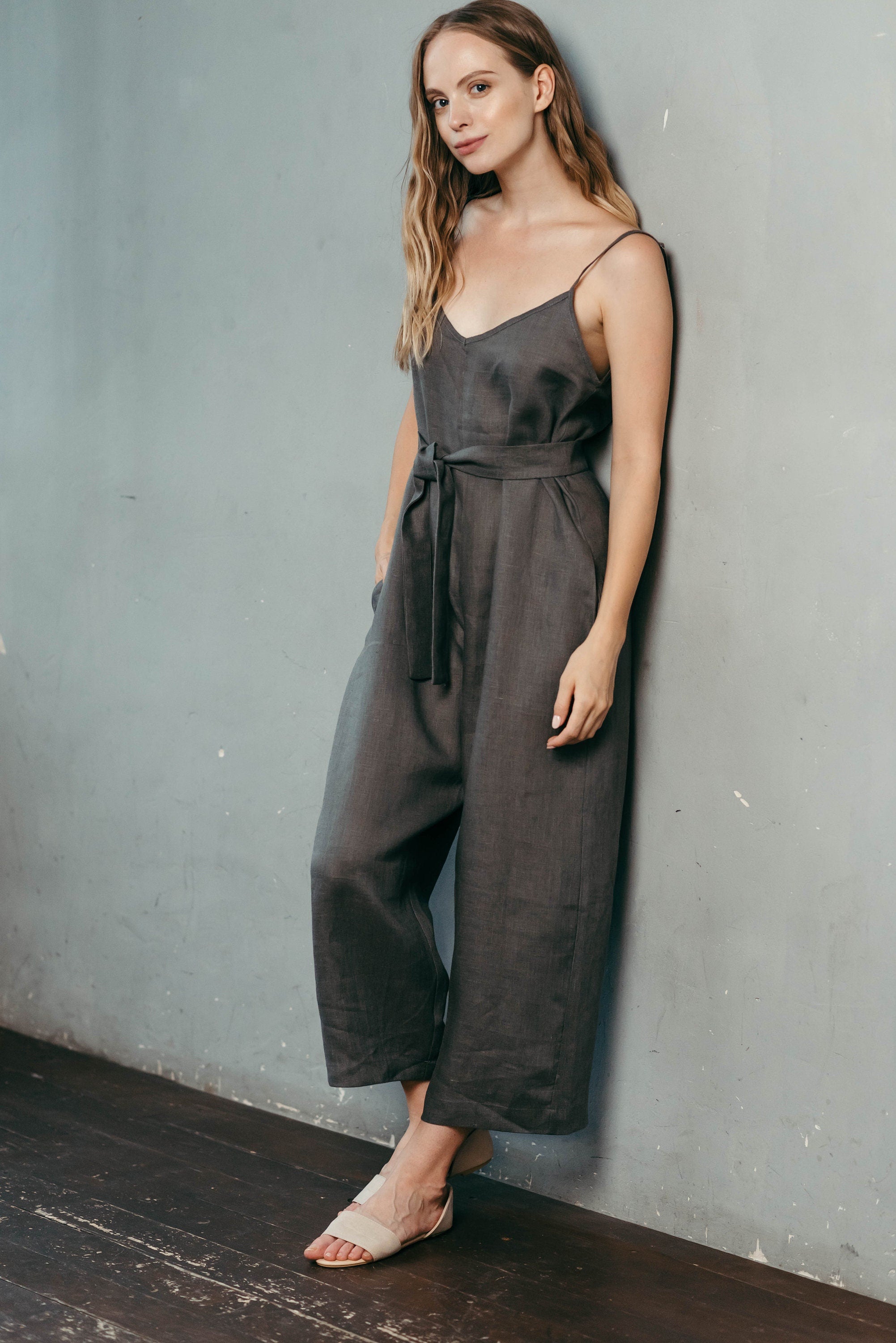 Natural Linen Jumpsuit | Green Forest