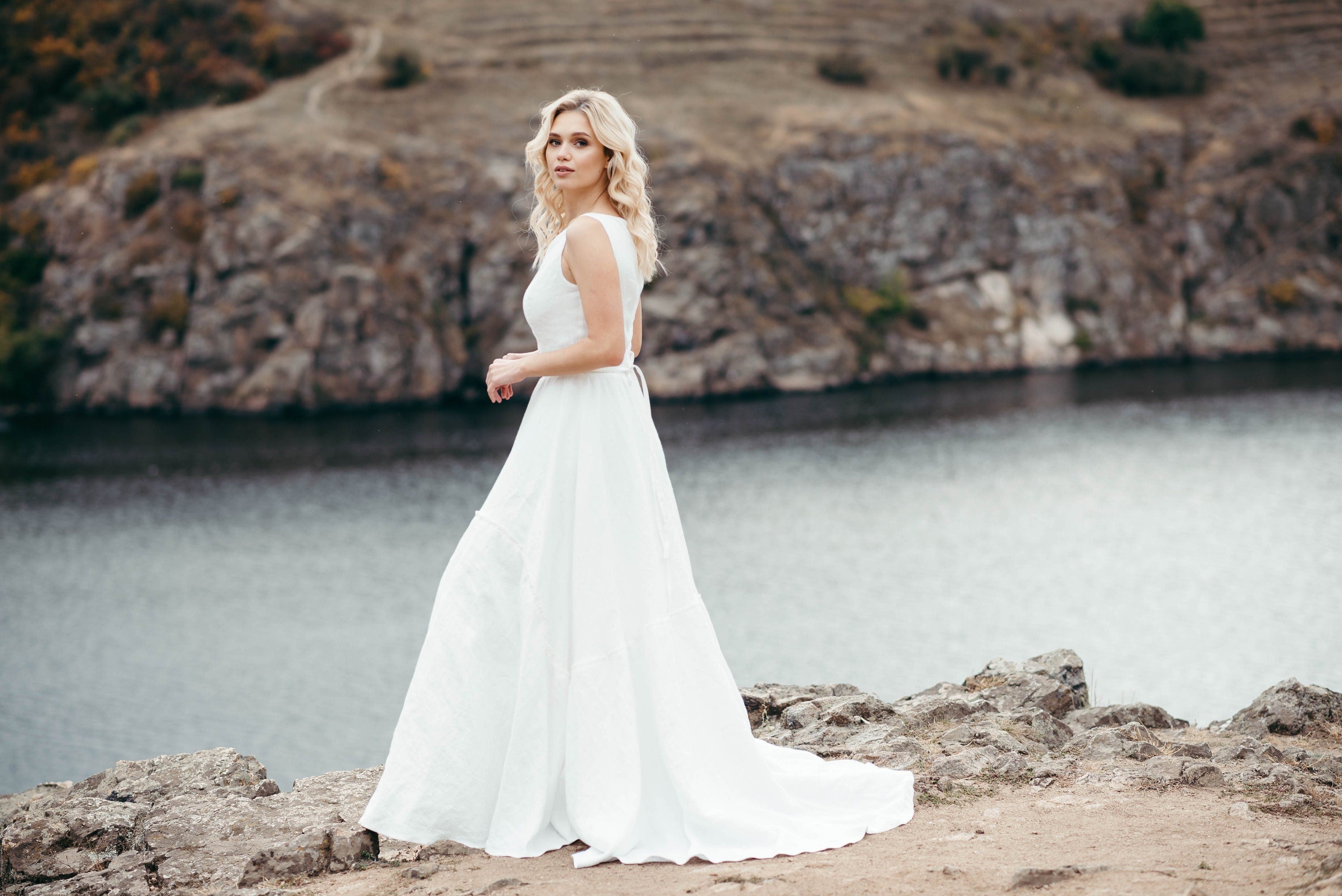 White Linen Wedding Dress with Train