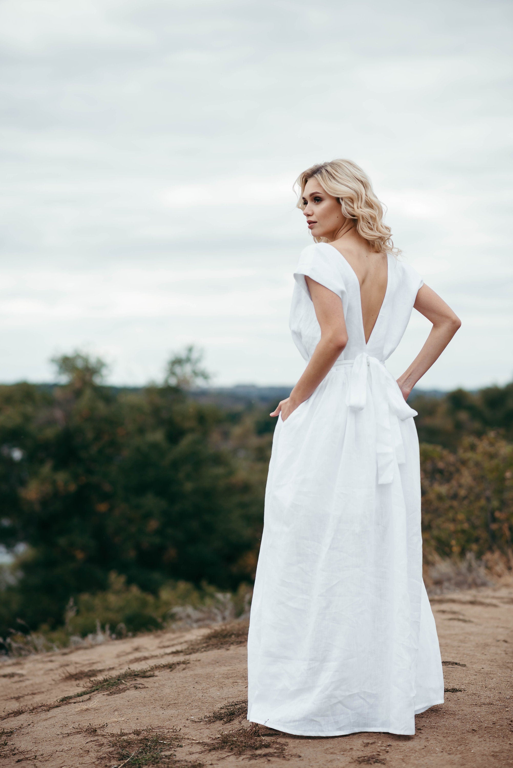 Simple Linen Wedding Dress | Open Back