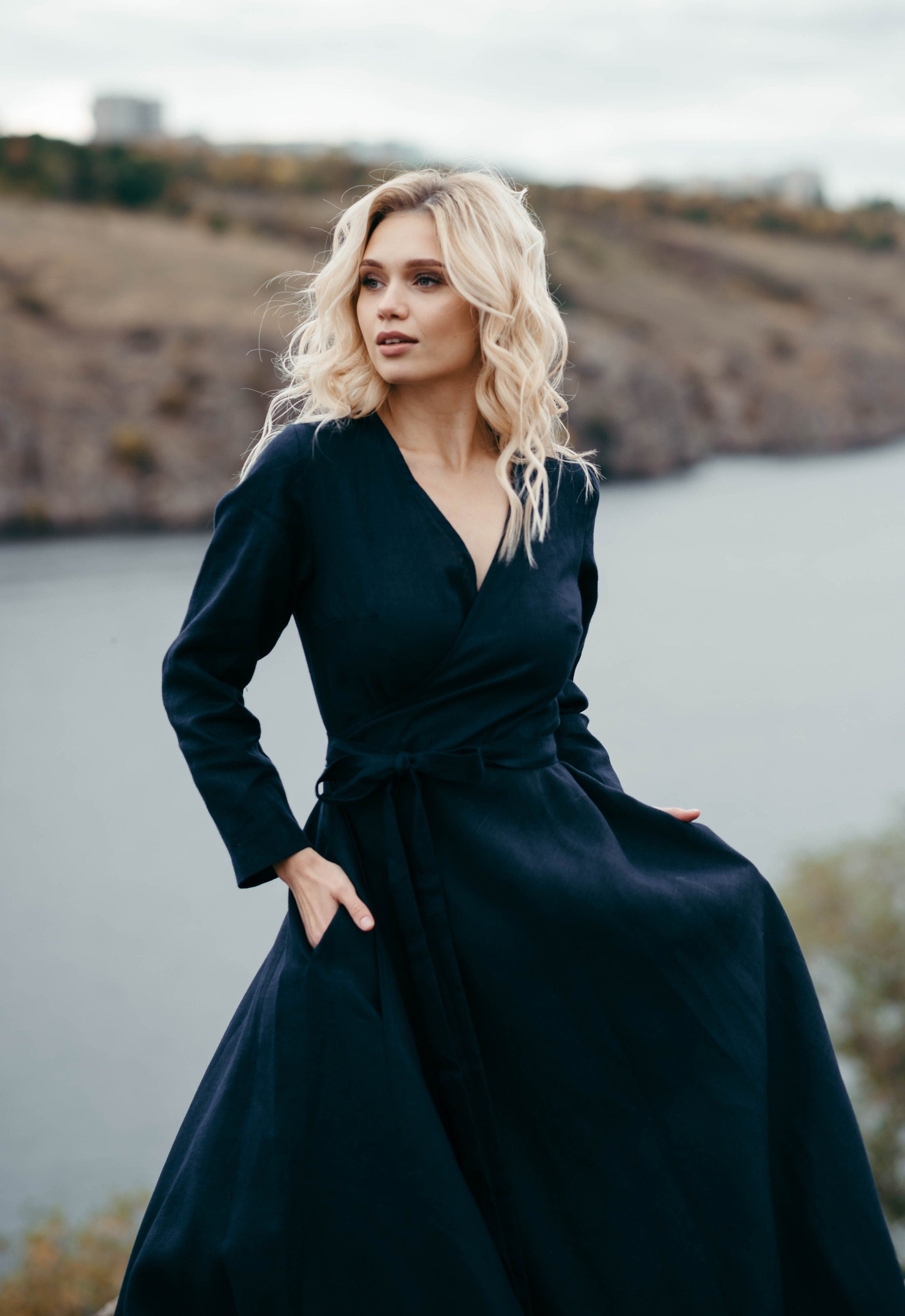 Long Sleeve Linen Wrap Dress | Navy