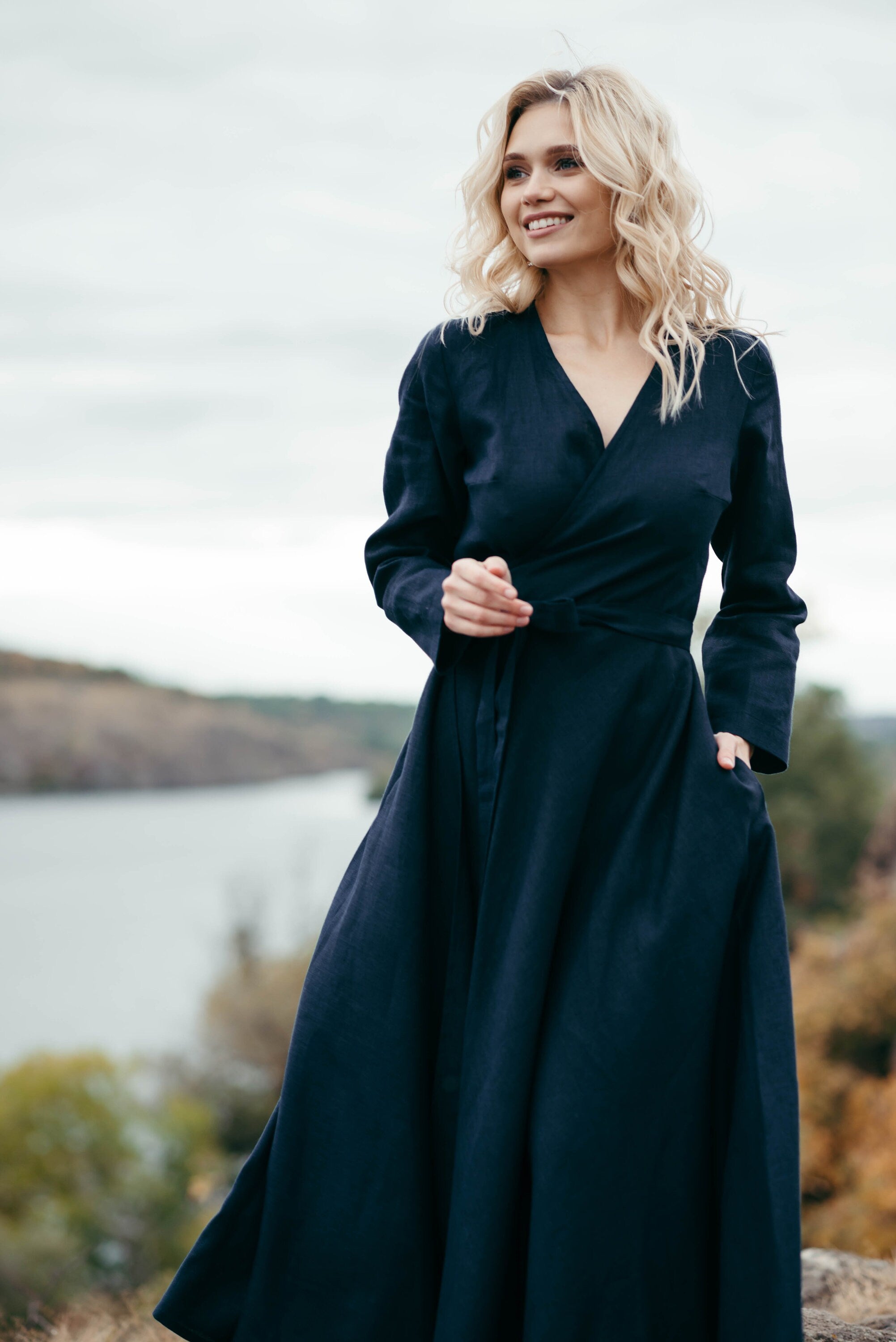 Long Sleeve Linen Wrap Dress | Navy