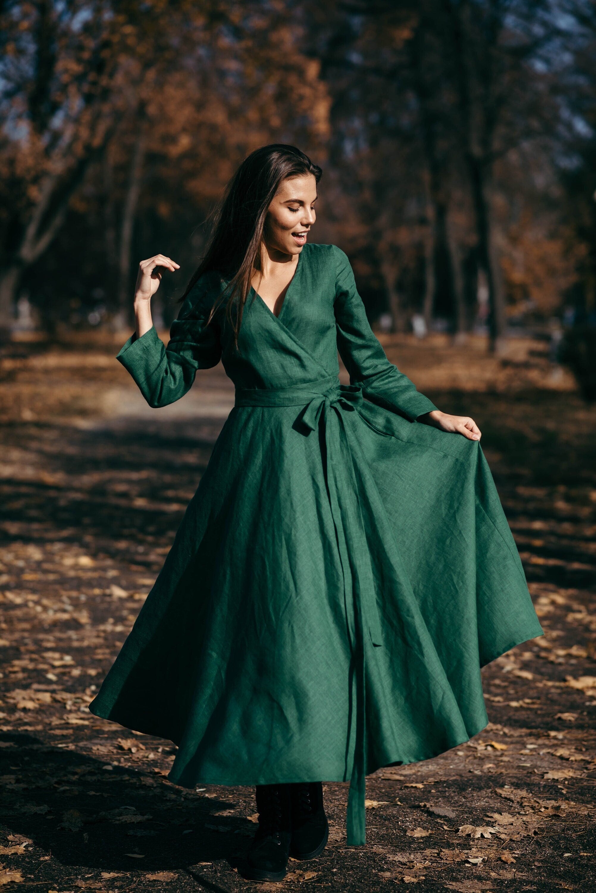 Long Sleeve Linen Wrap Dress | Navy
