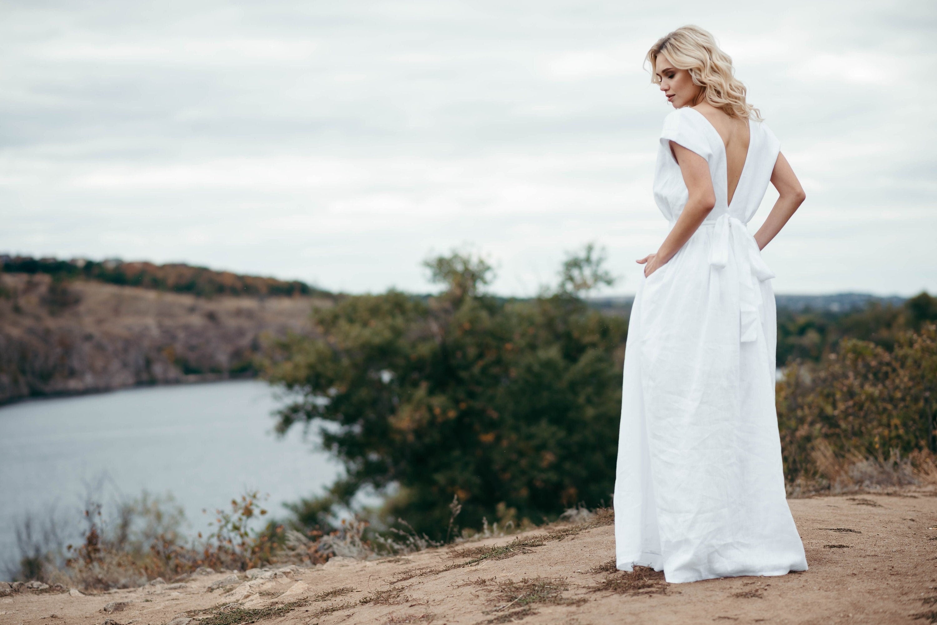 Simple Linen Wedding Dress | Open Back