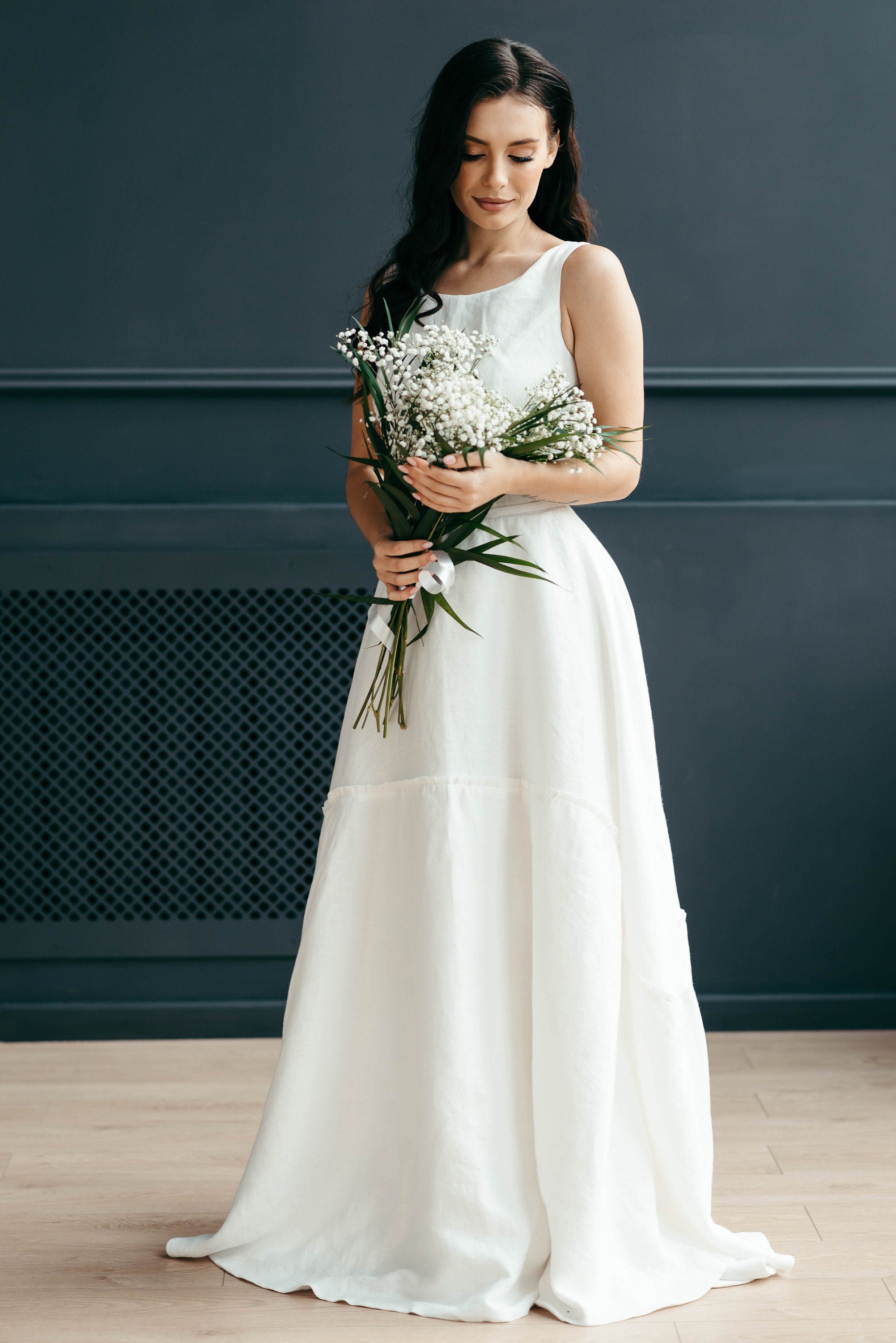 White Linen Wedding Dress with Train