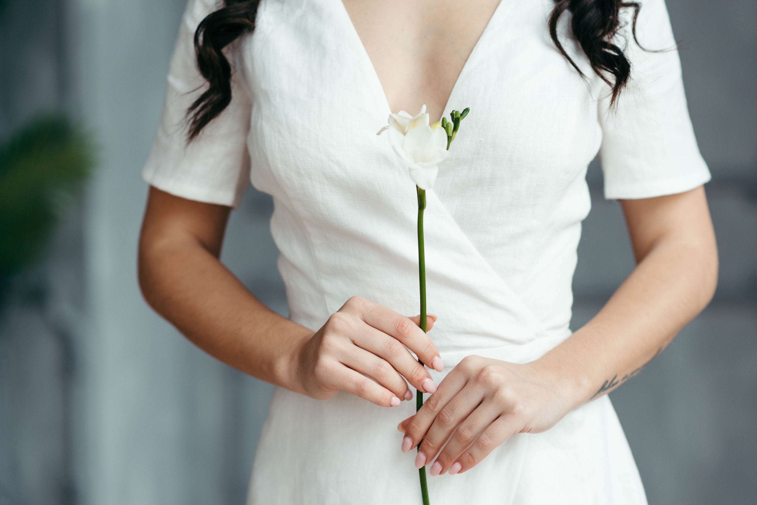 Boho Linen Wrap Wedding Dress | High-Low Skirt