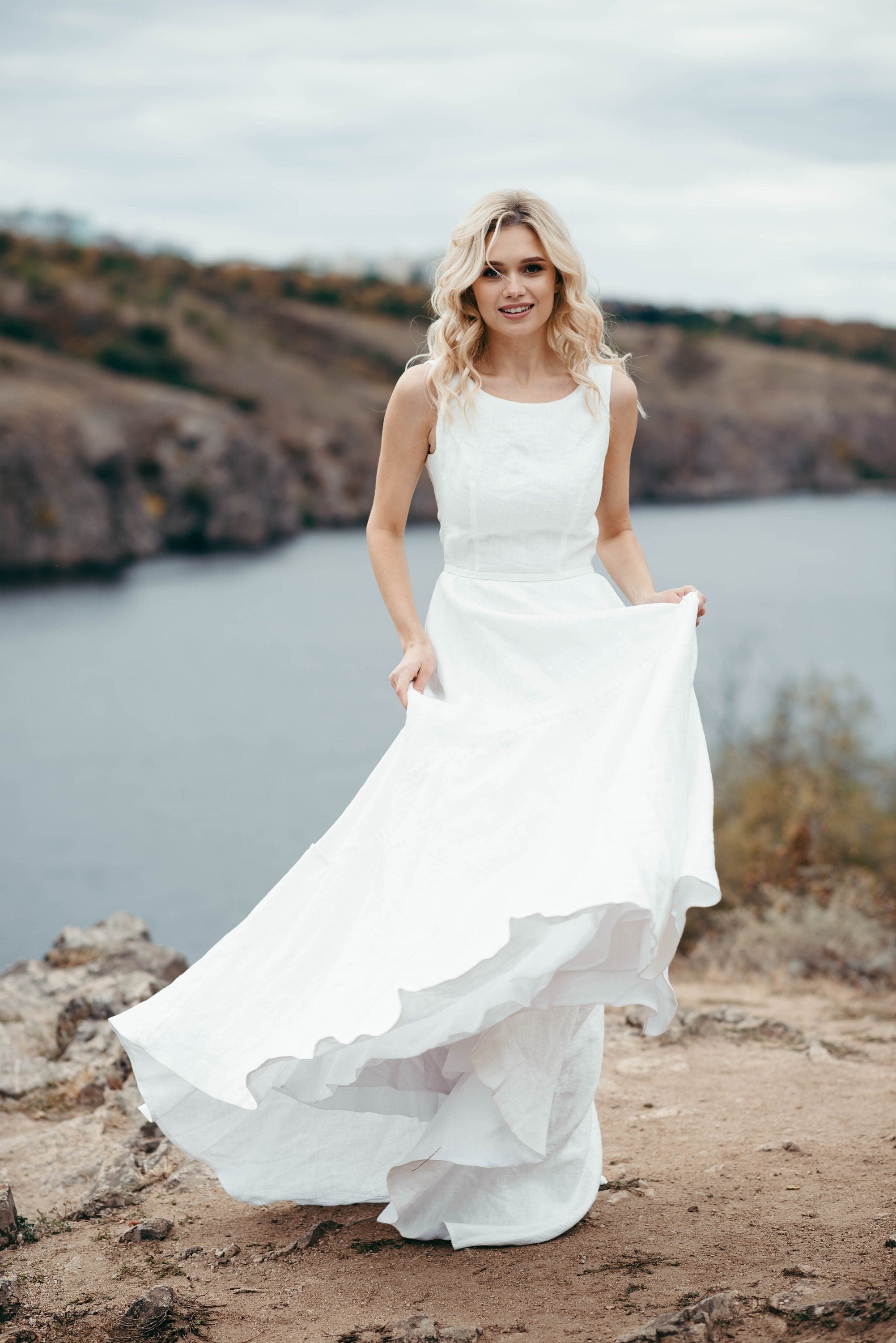 White Linen Wedding Dress with Train