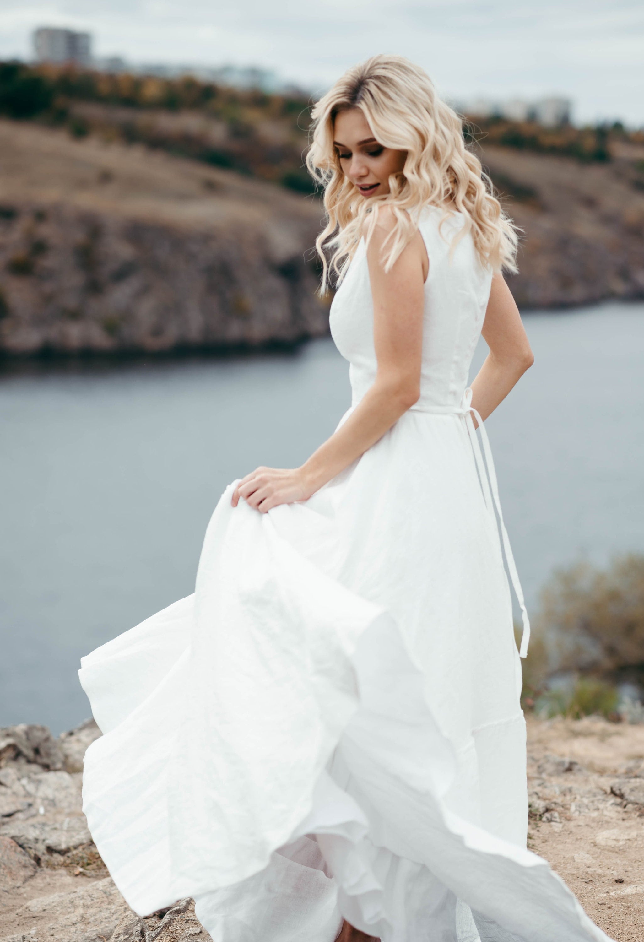 White Linen Wedding Dress with Train