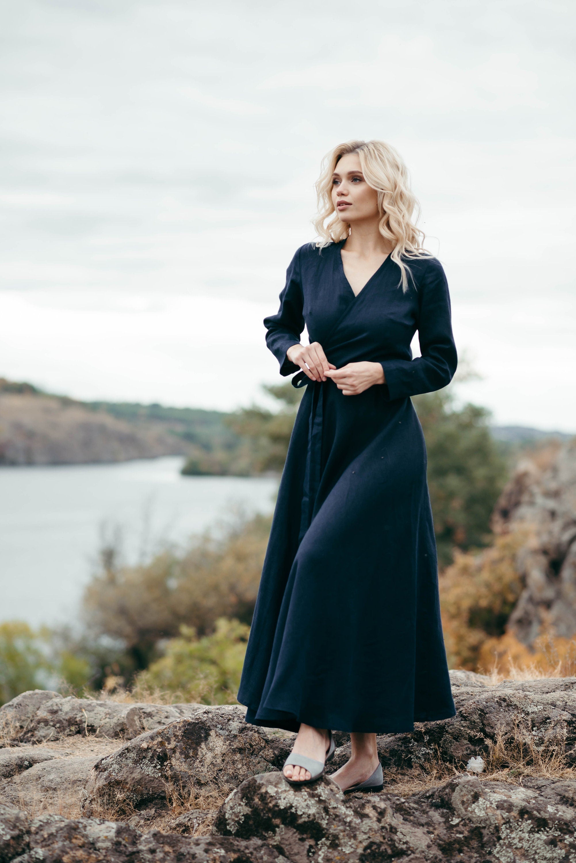 Long Sleeve Linen Wrap Dress | Navy