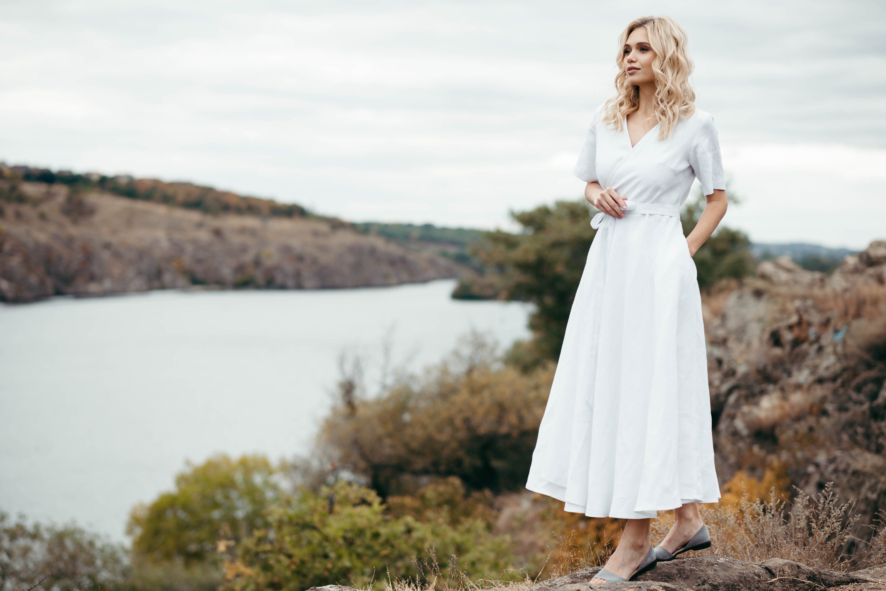 Simple Linen Wedding Dress | Short Sleeve