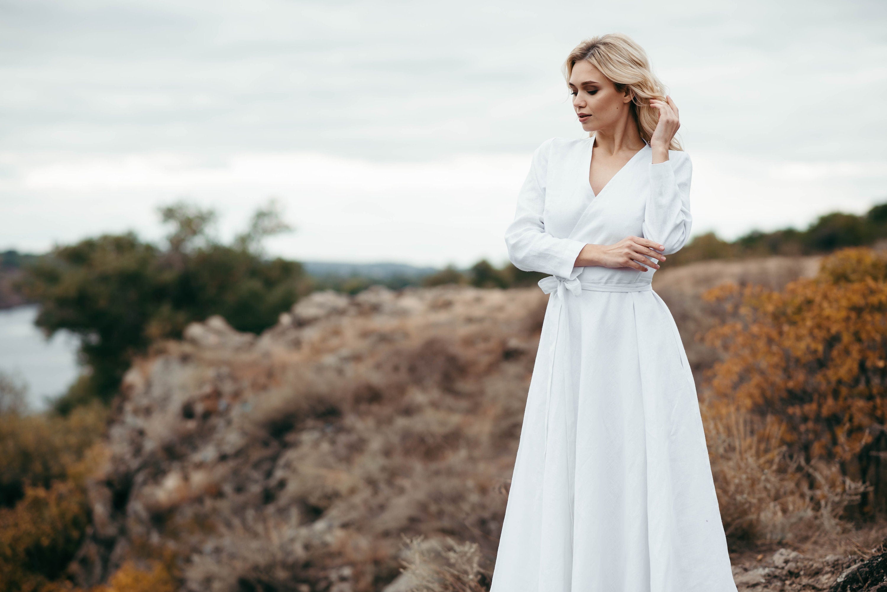 White Linen Wrap Wedding Dress | Long Sleeve
