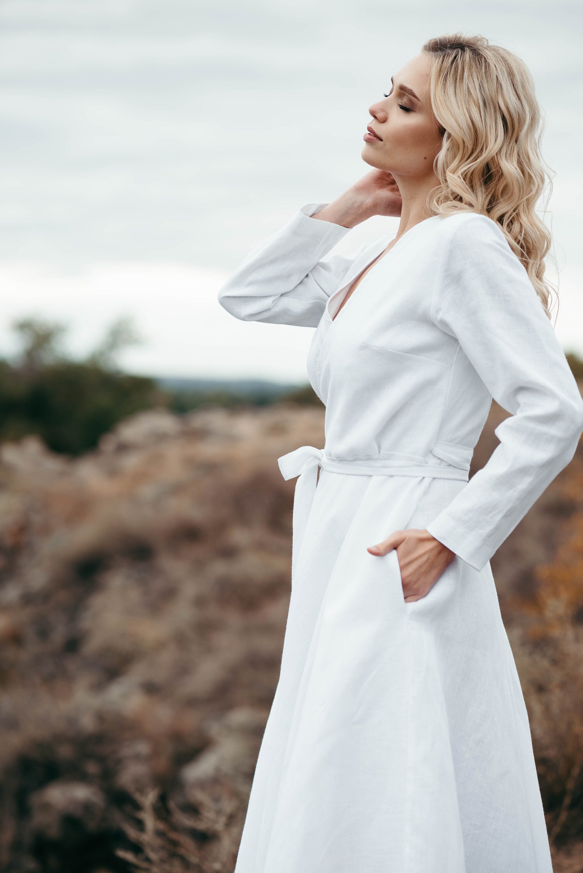 White Linen Wrap Wedding Dress | Long Sleeve