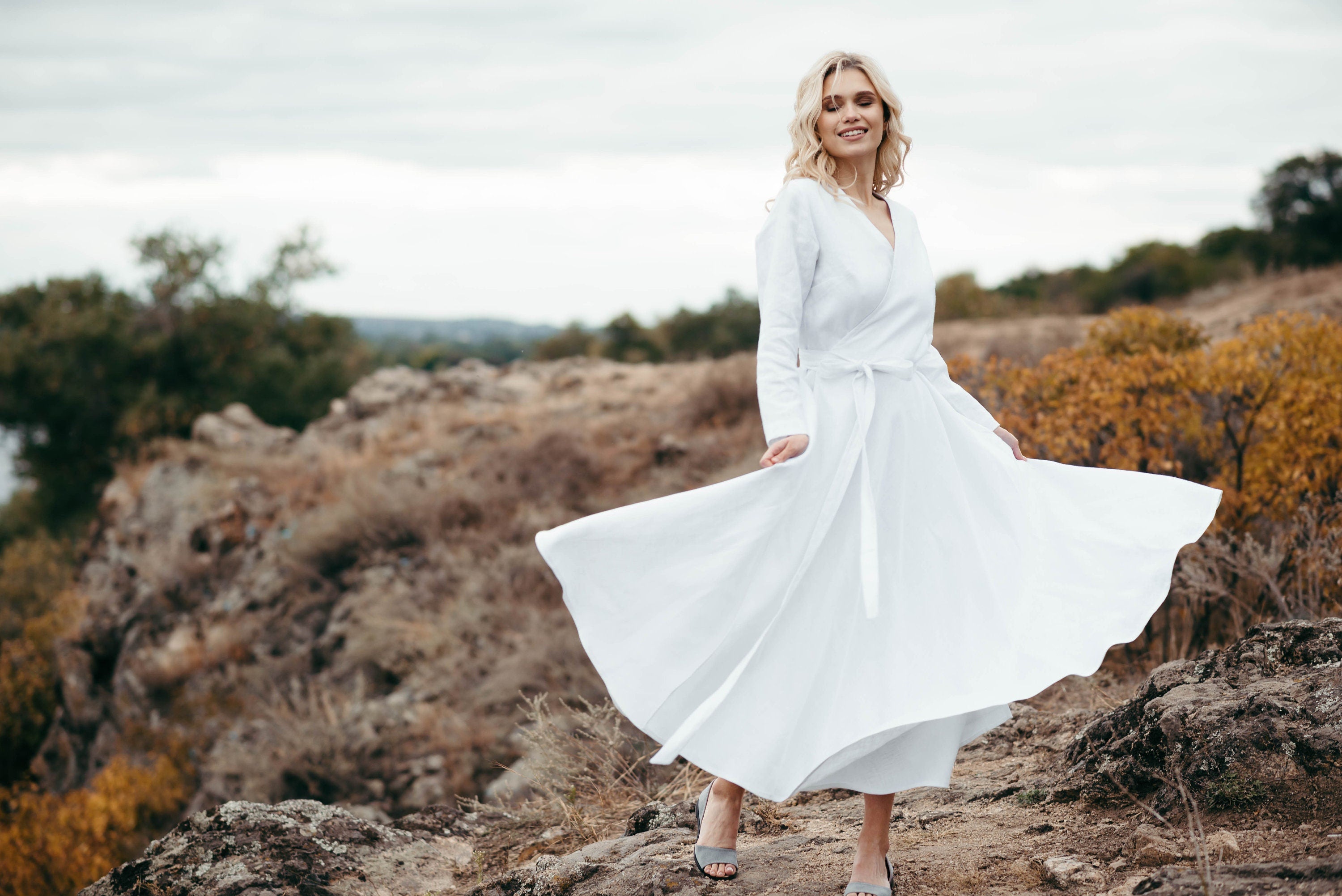 White Linen Wrap Wedding Dress | Long Sleeve