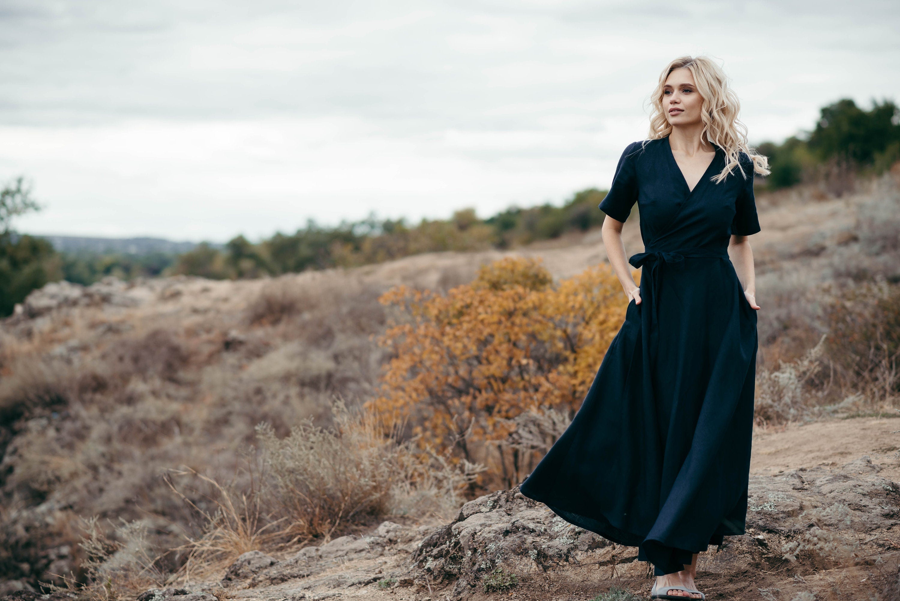 Midi Linen Wrap Dress | Plum