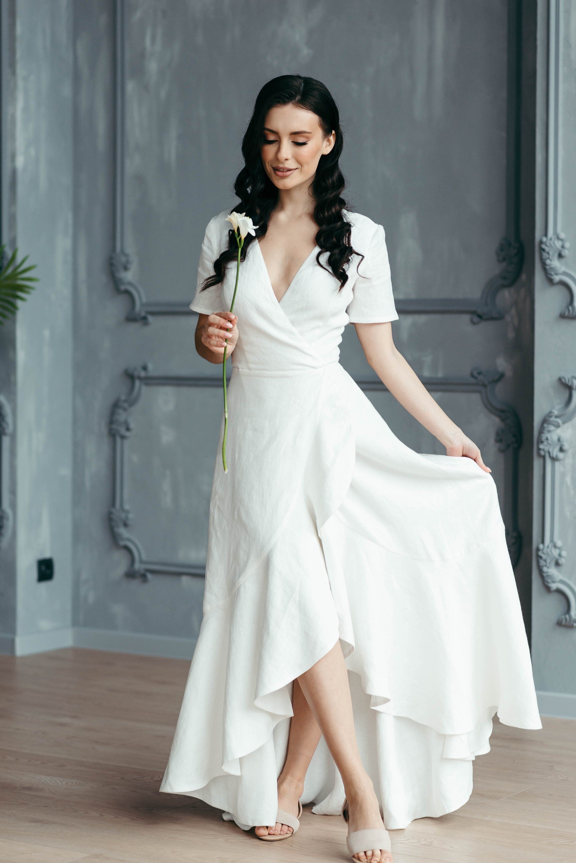 Boho Linen Wrap Wedding Dress | High-Low Skirt