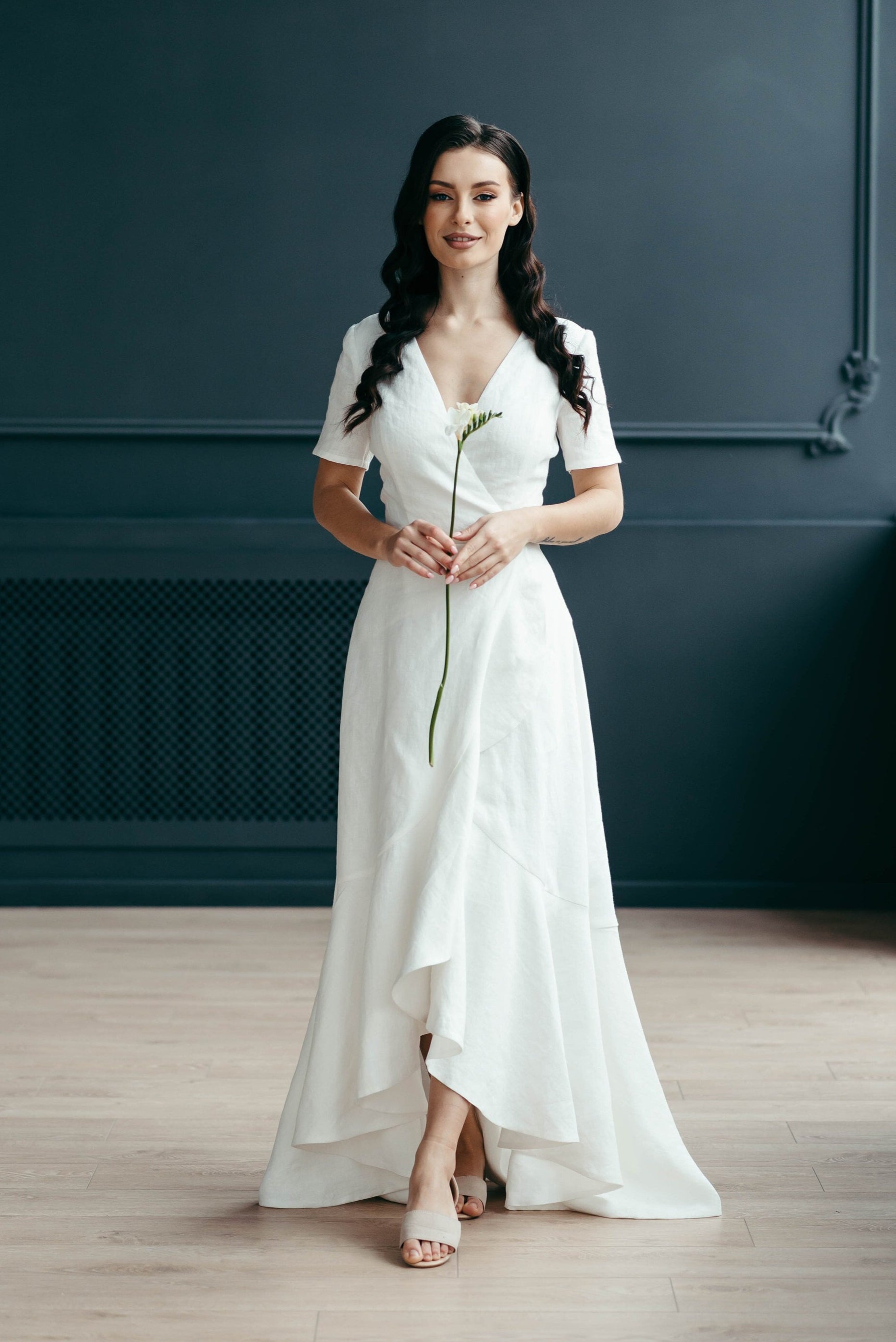 Boho Linen Wrap Wedding Dress | High-Low Skirt