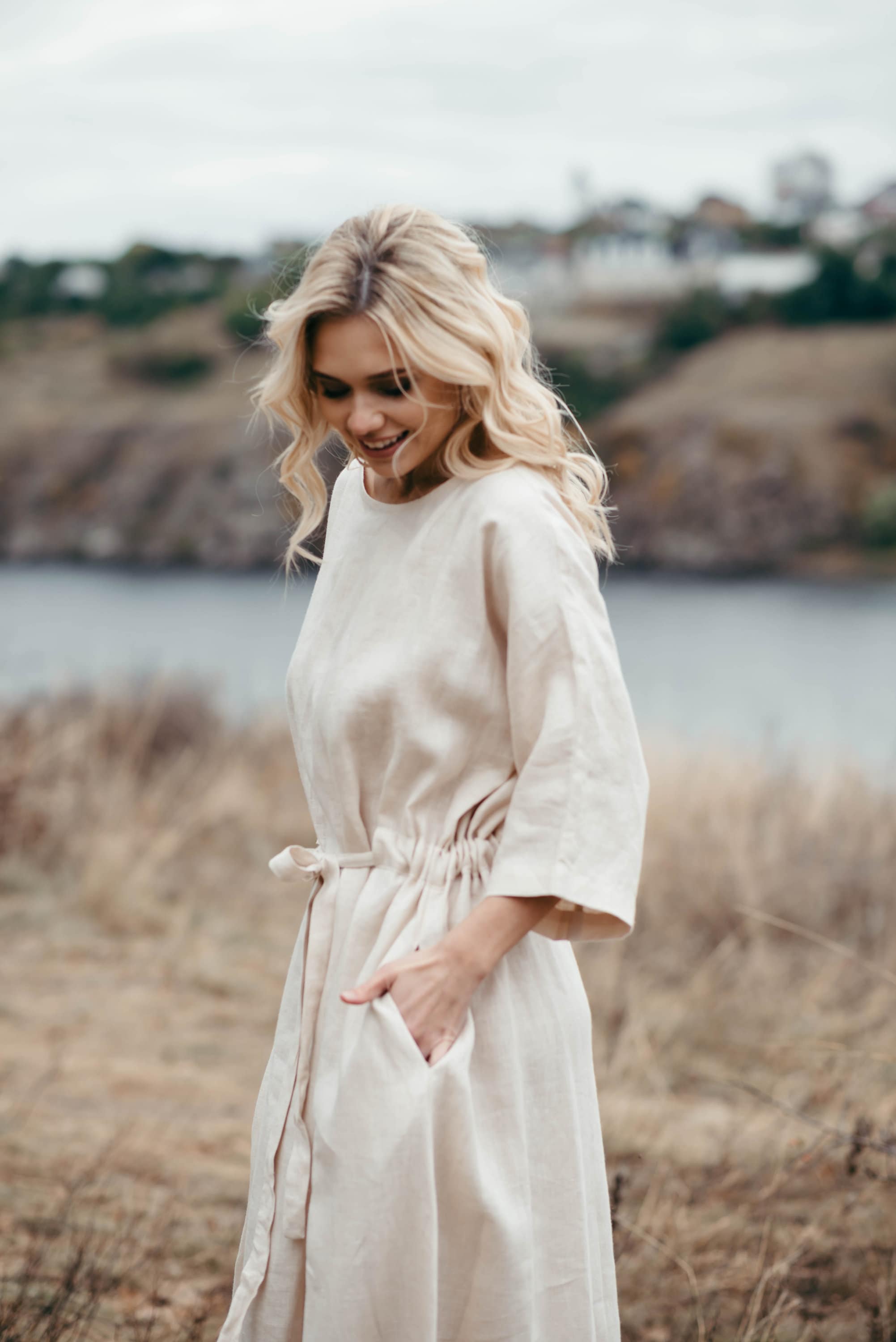 Simple Long Sleeved Linen Kaftan Dress | Grey
