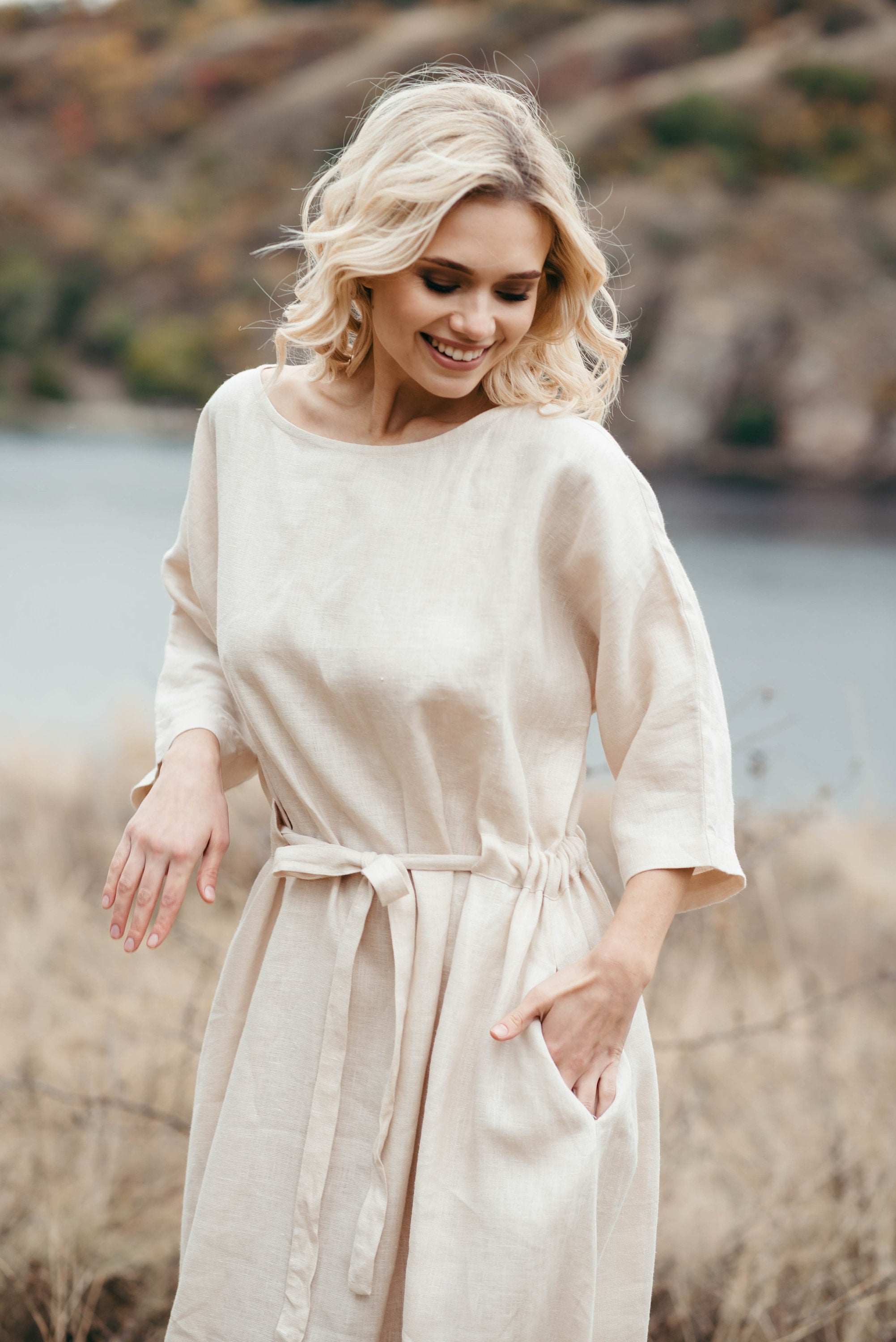 Simple Long Sleeved Linen Kaftan Dress | Grey