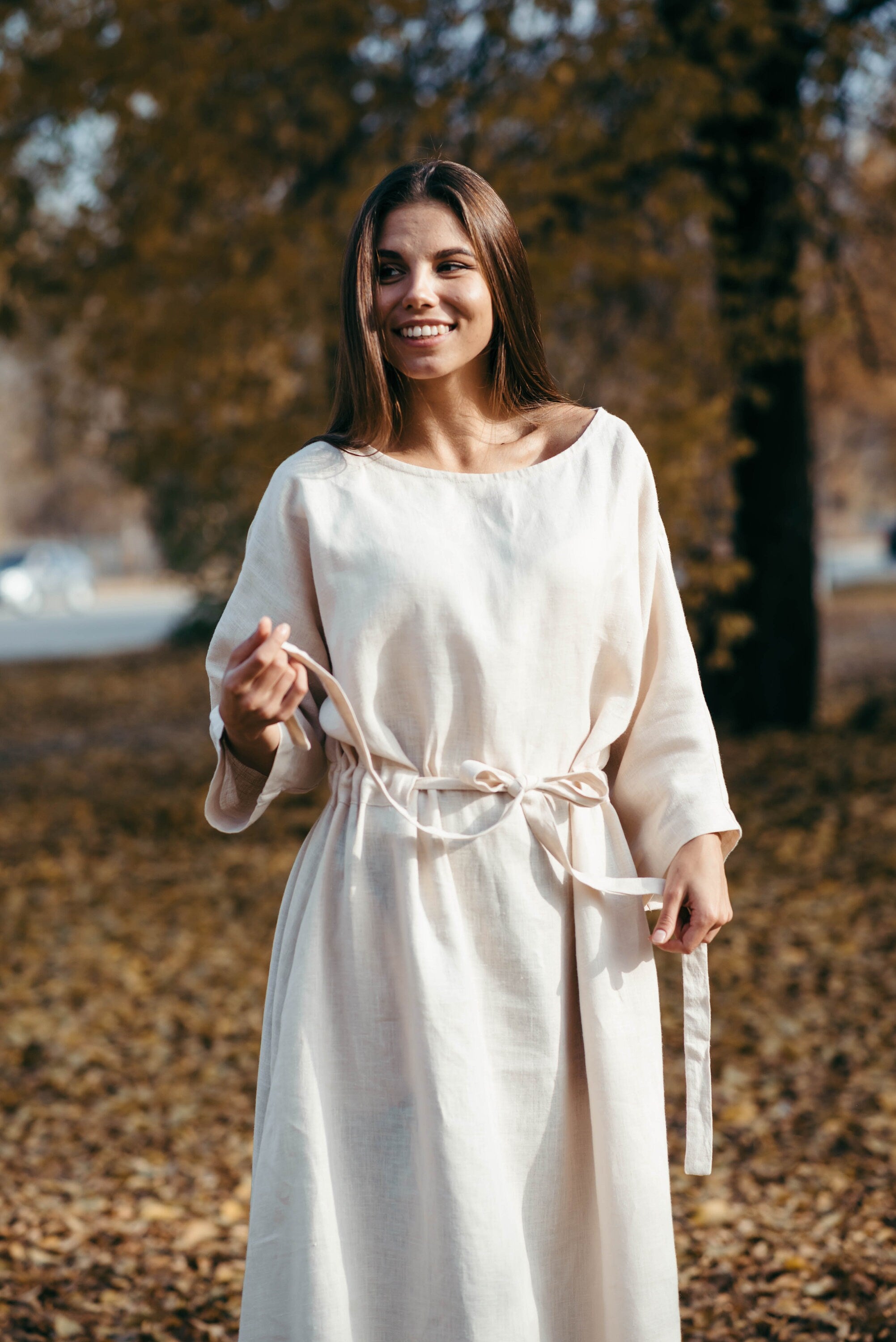 Simple Long Sleeved Linen Kaftan Dress | Grey