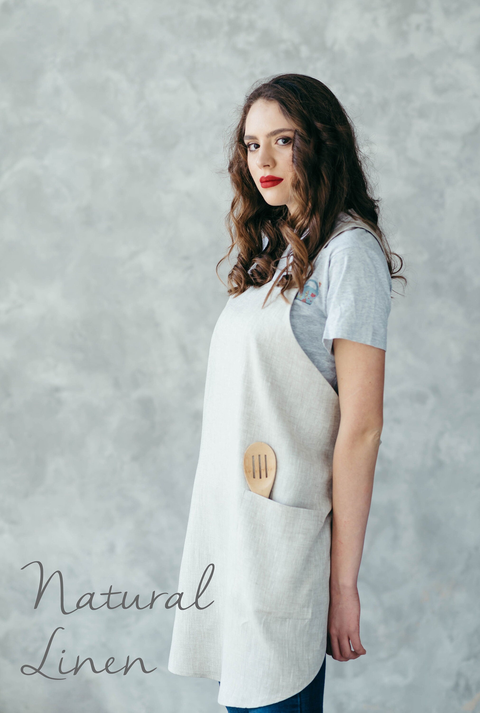 Khaki Short Linen Crossover Pinafore Apron