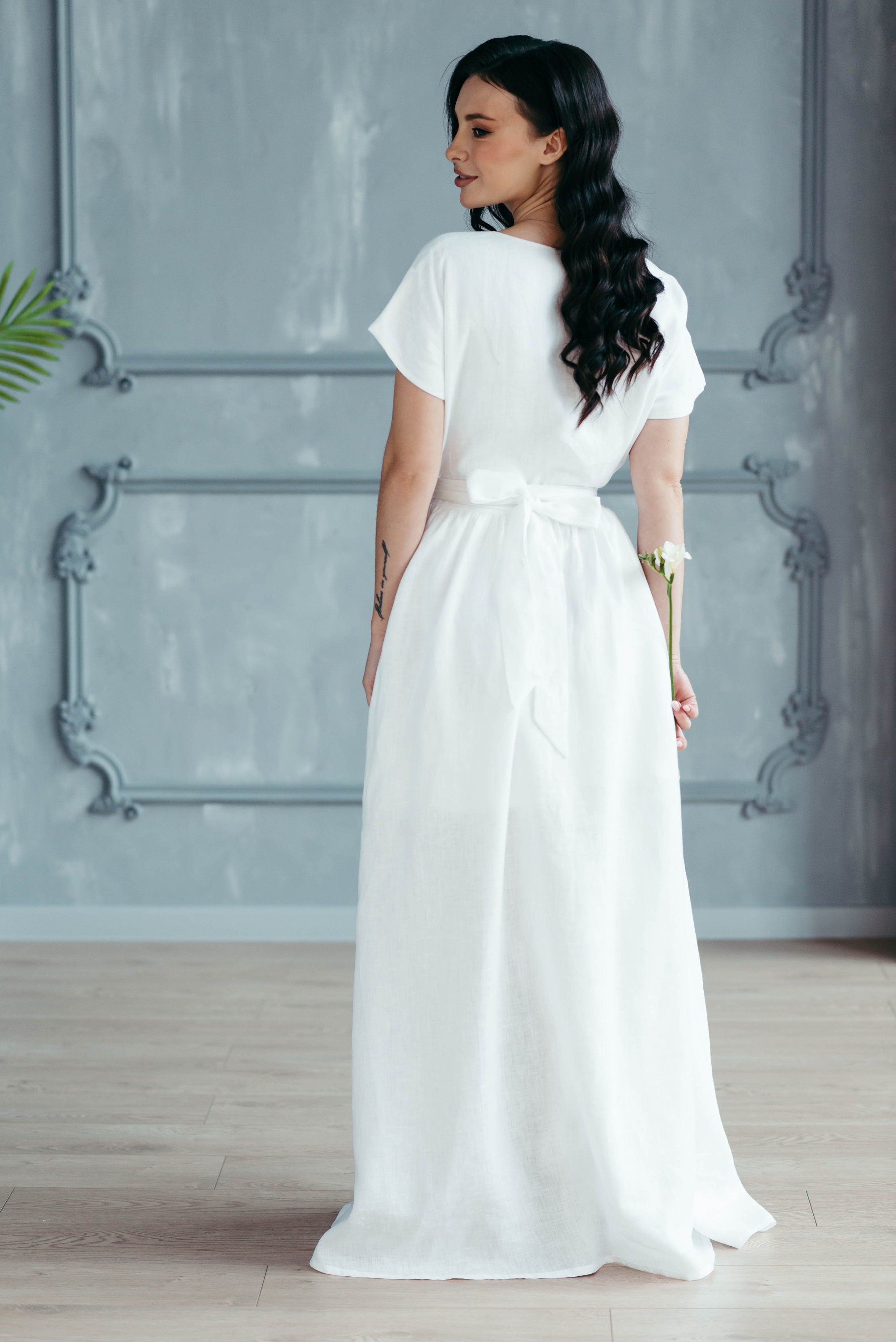 Simple Linen Wedding Dress | Modest Back