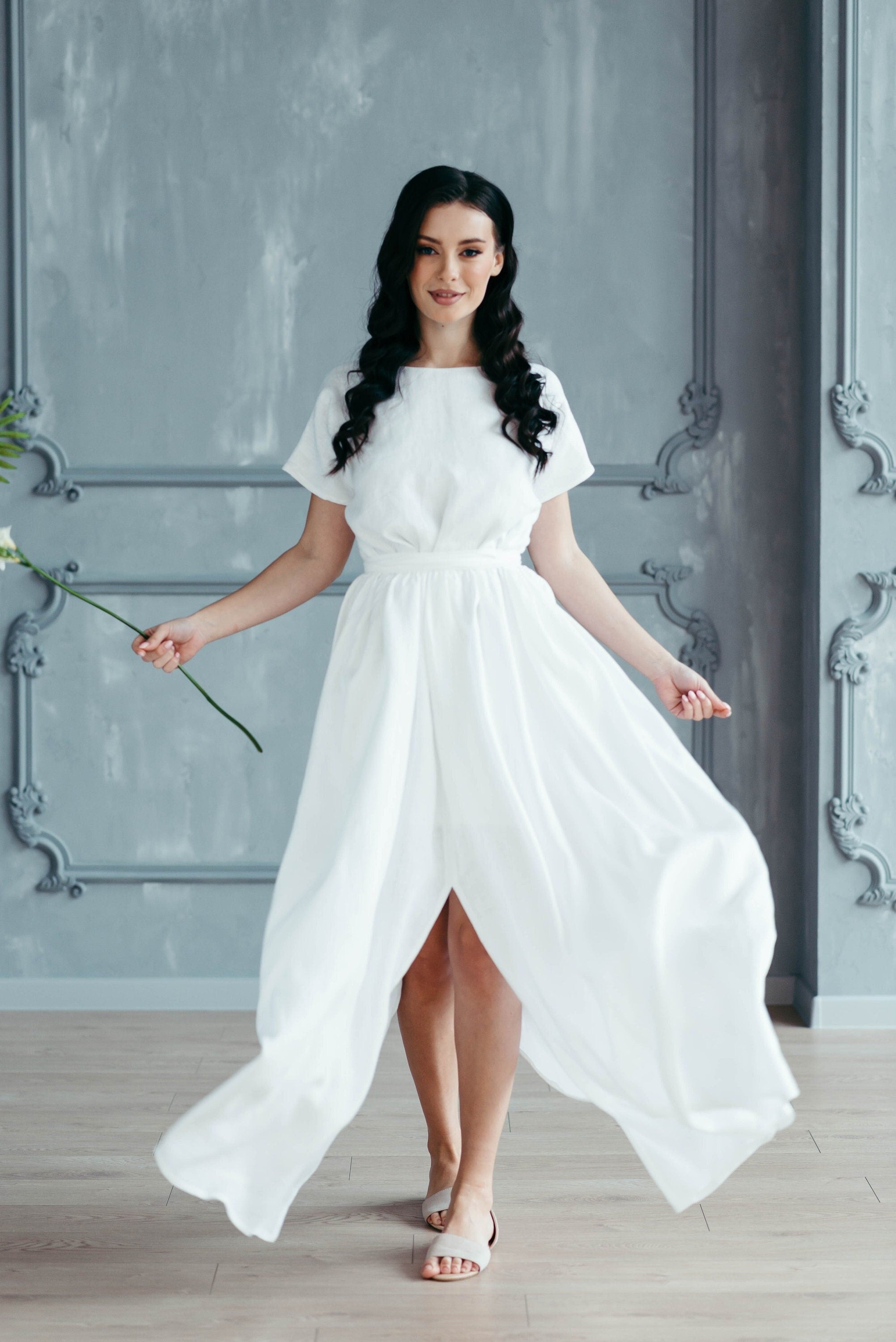 Simple Linen Wedding Dress | Modest Back